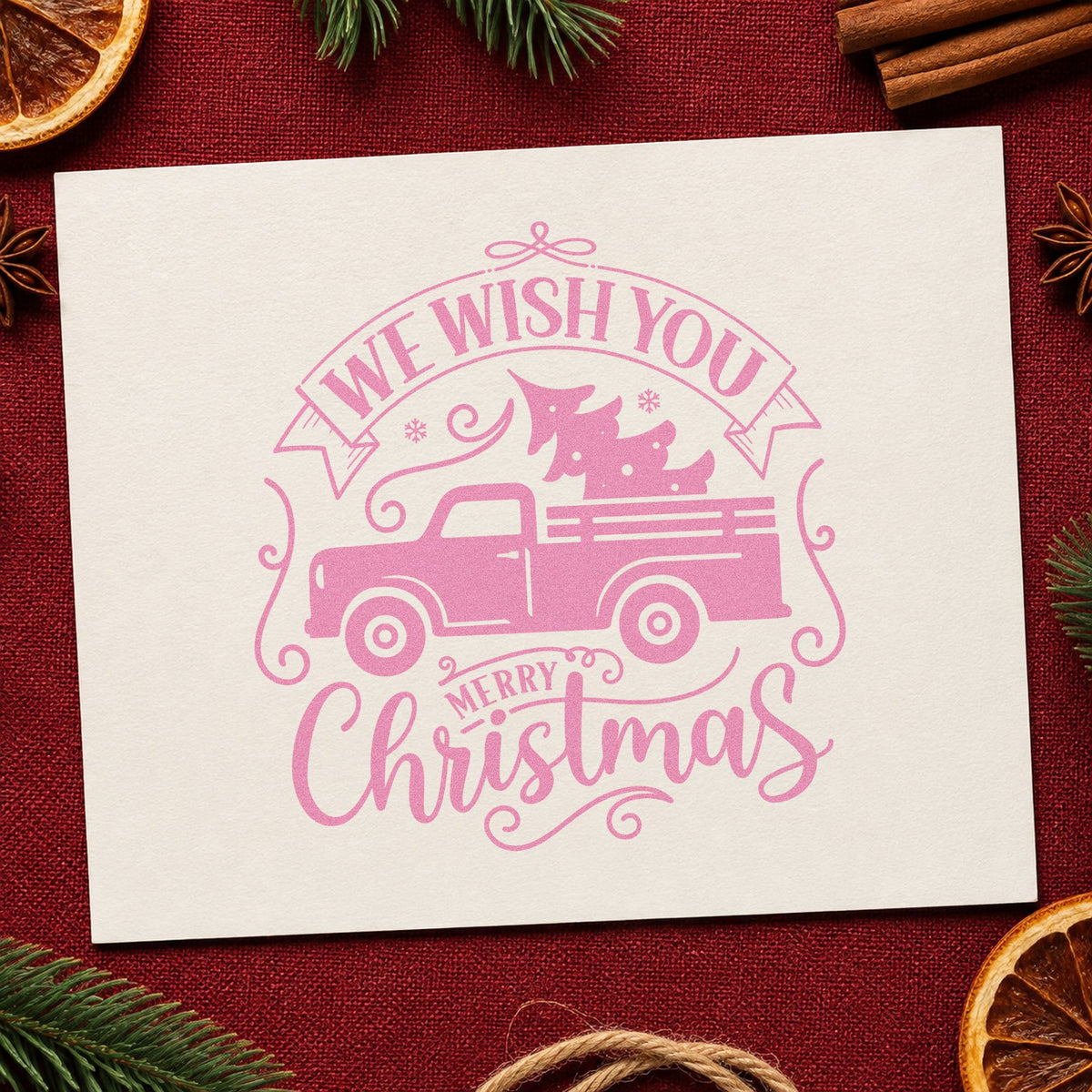 Wish You Christmas Pickup craft stamp in purple ink on cardstock, an easy option for road trip album page.