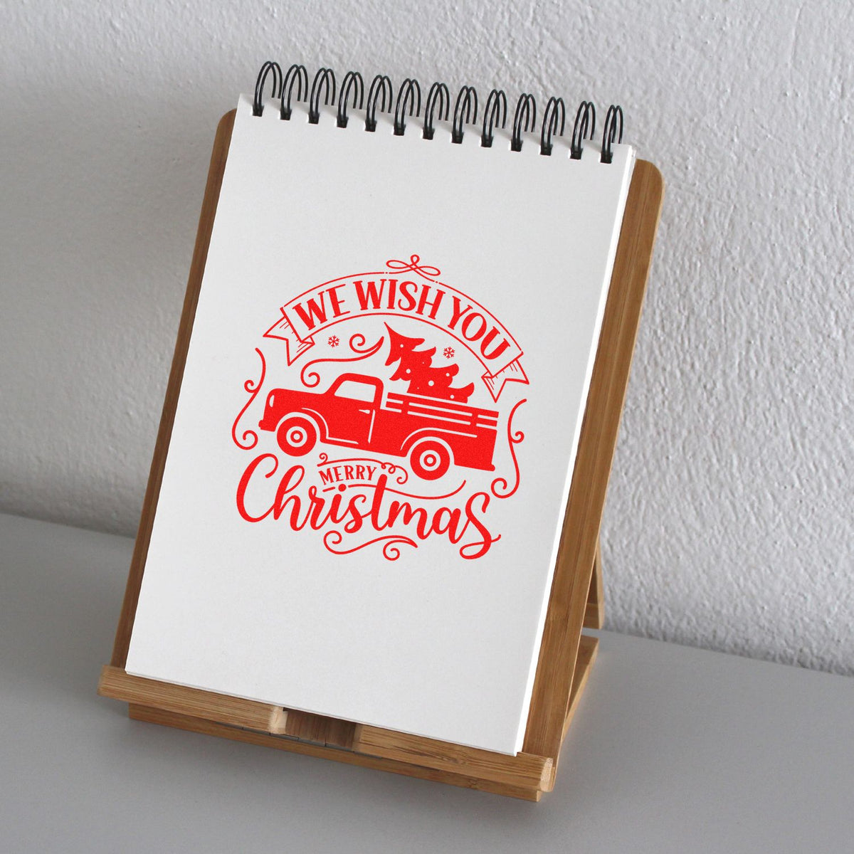 Wish You Christmas Pickup rubber stamp shown in red ink, stamped for projects such as road trip album page.