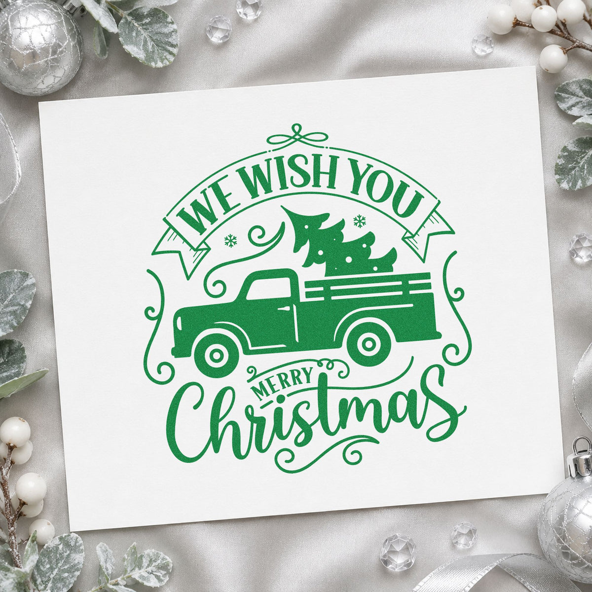 Wish You Christmas Pickup craft stamp imprint in green ink on a handmade project, one idea being delivered gift tags.