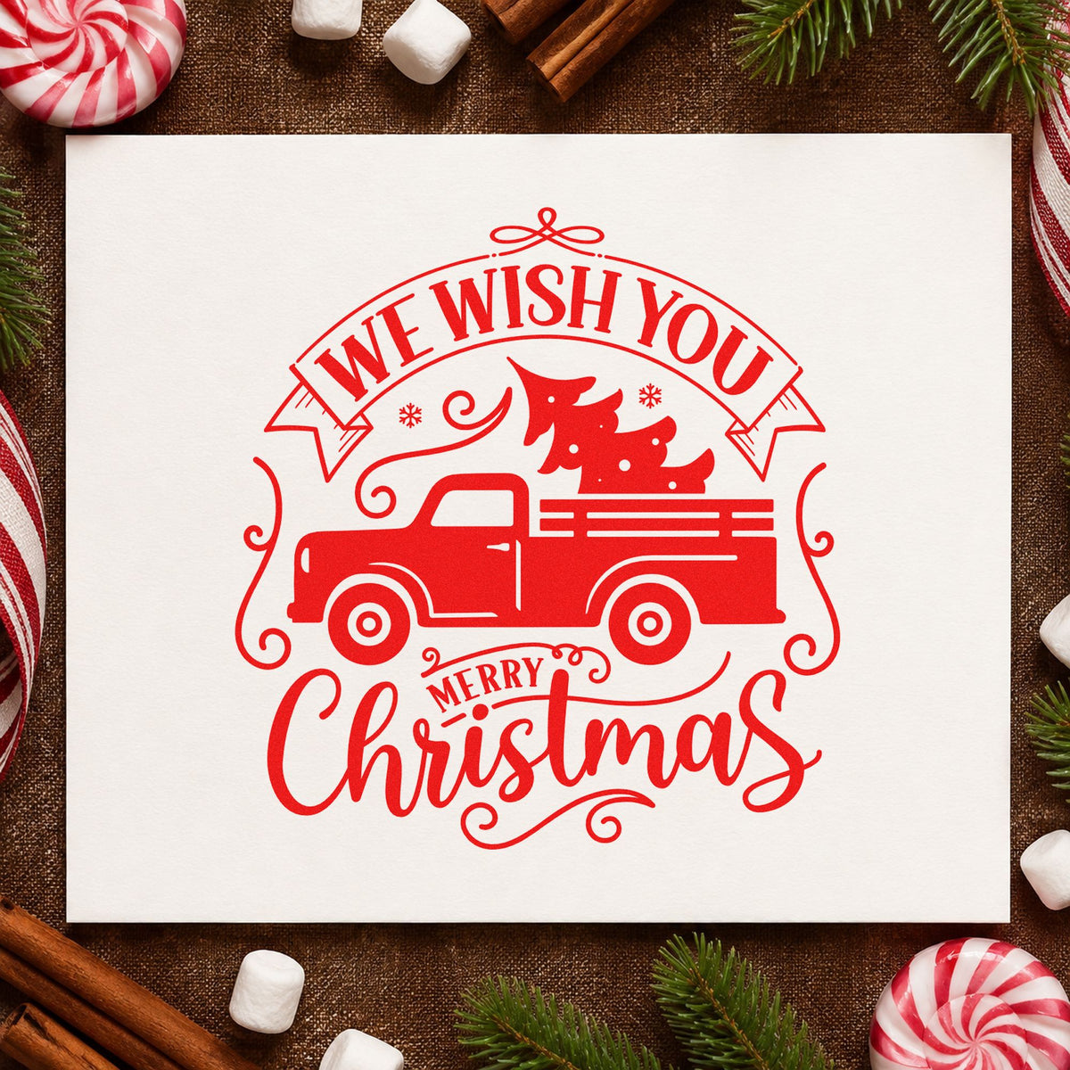 Wish You Christmas Pickup craft stamp in red ink on cardstock, an easy option for blanket roll printing.
