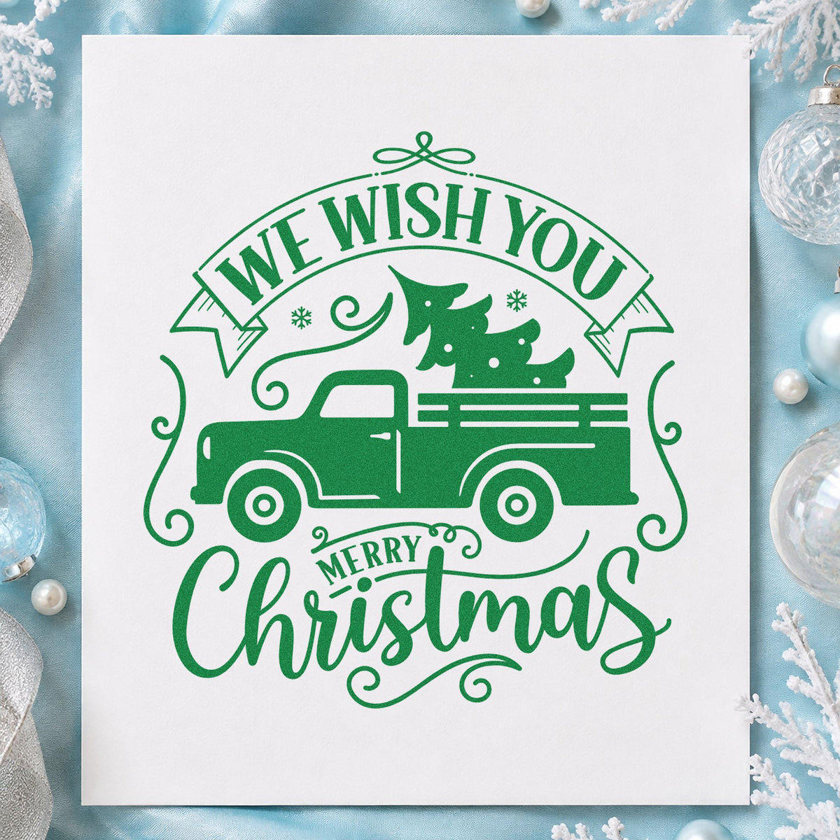 Wish You Christmas Pickup craft stamp imprint in green ink on a handmade project, one idea being route thank cards.