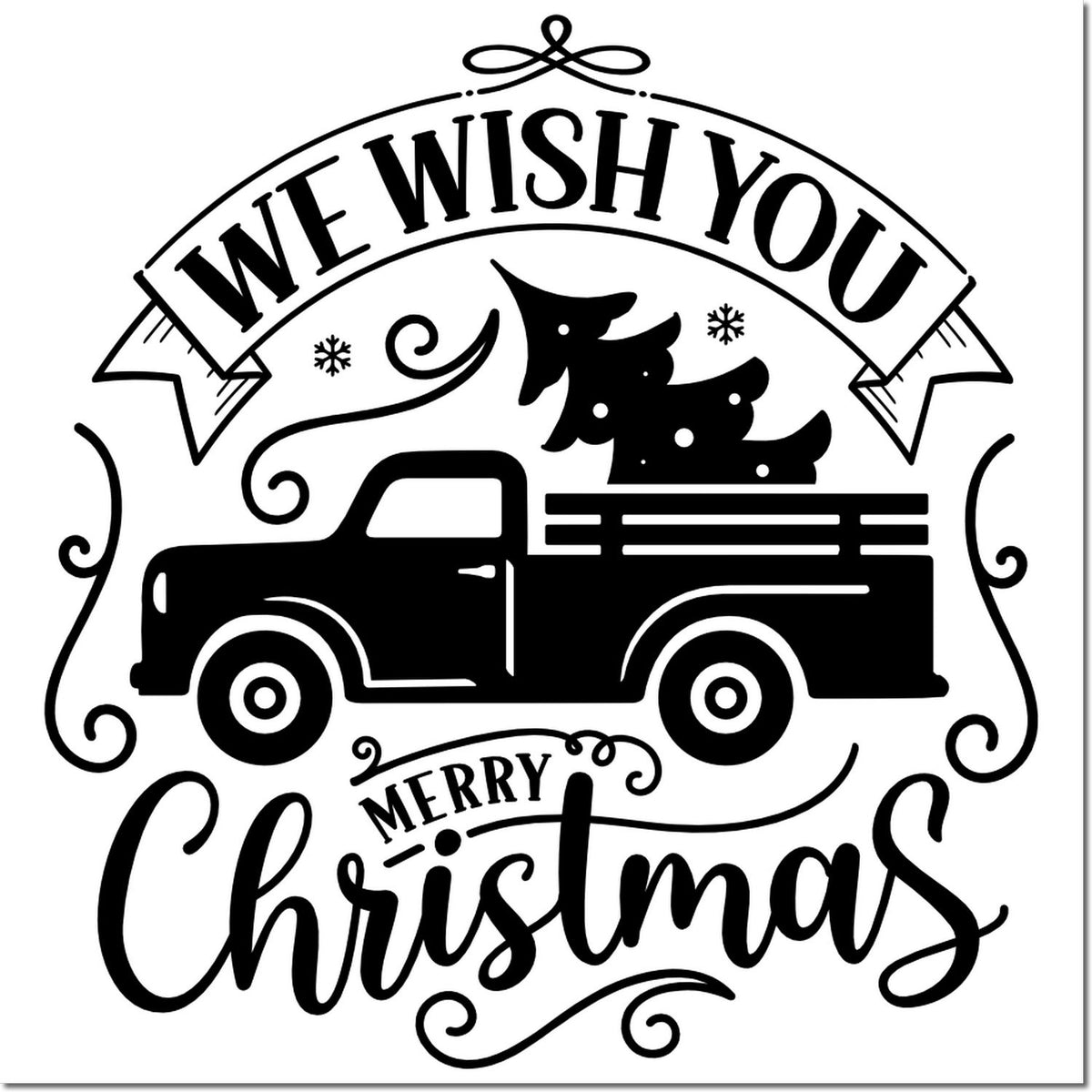Christmas rubber stamp design with vintage truck, tree, and We Wish You Merry Christmas holiday greeting.