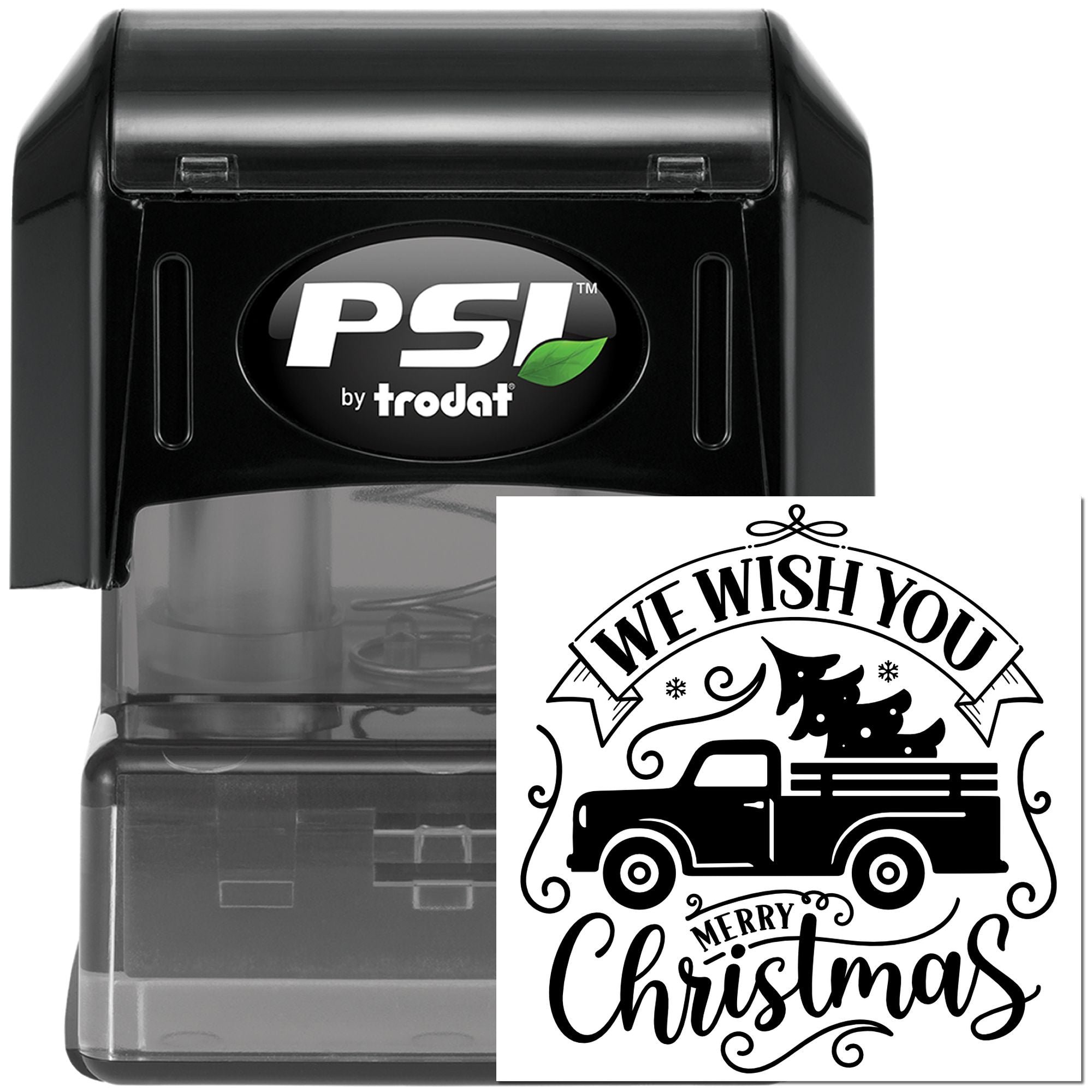 PSI by Trodat self-inking rubber stamp with We Wish You Merry Christmas vintage truck holiday design.