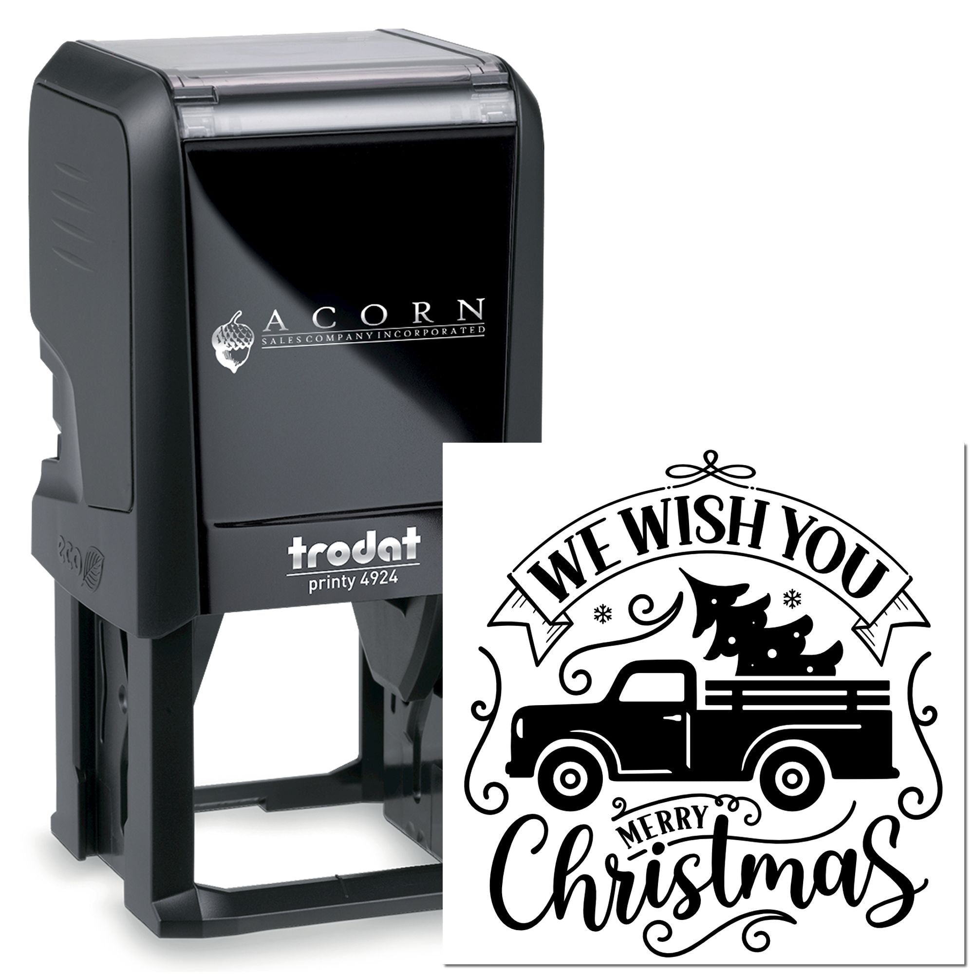 Trodat Printy 4924 self-inking custom rubber stamp with We Wish You Merry Christmas truck design for holiday cards.
