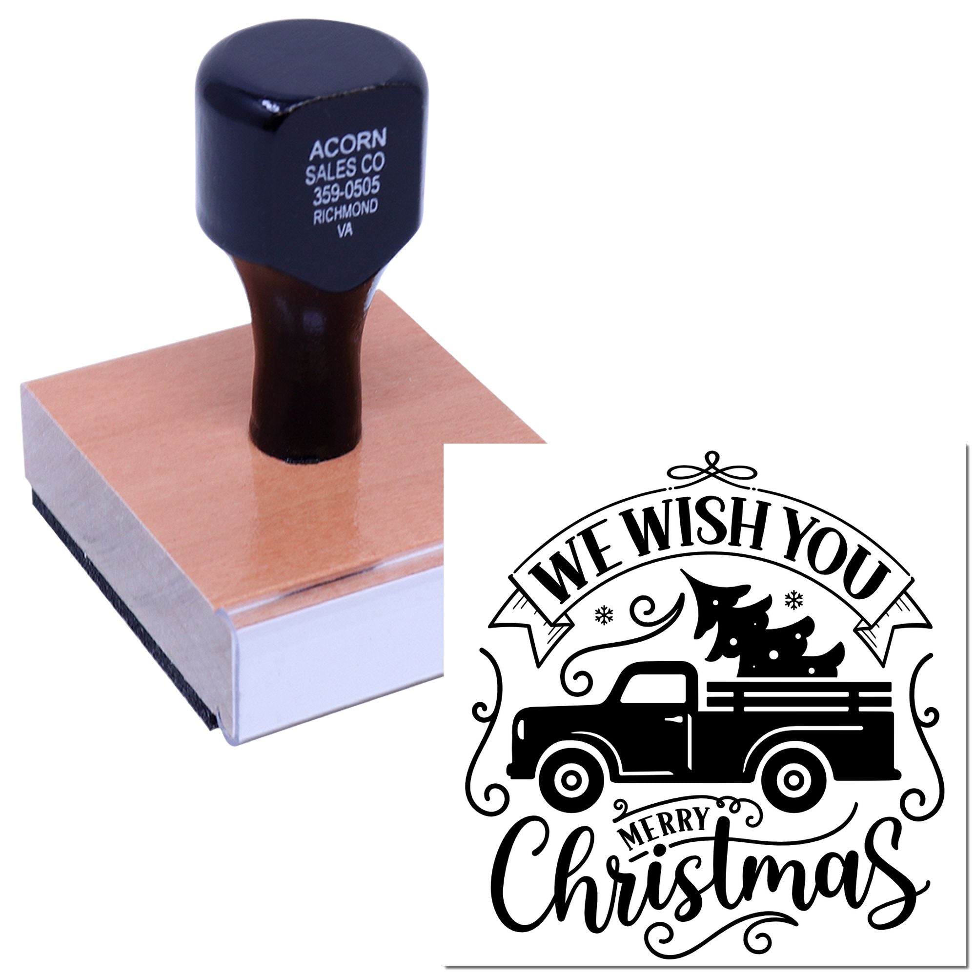 Custom Christmas rubber stamp with pickup truck and tree design for holiday cards, crafts, and festive packaging