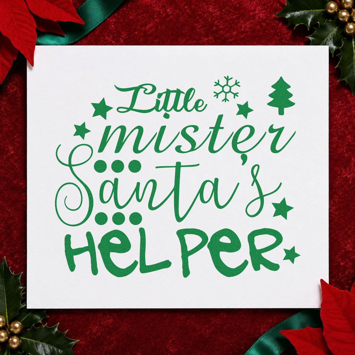 Little Mister Santa's Helper craft stamp imprint in green ink on a handmade project, one idea being tool set gift tags.