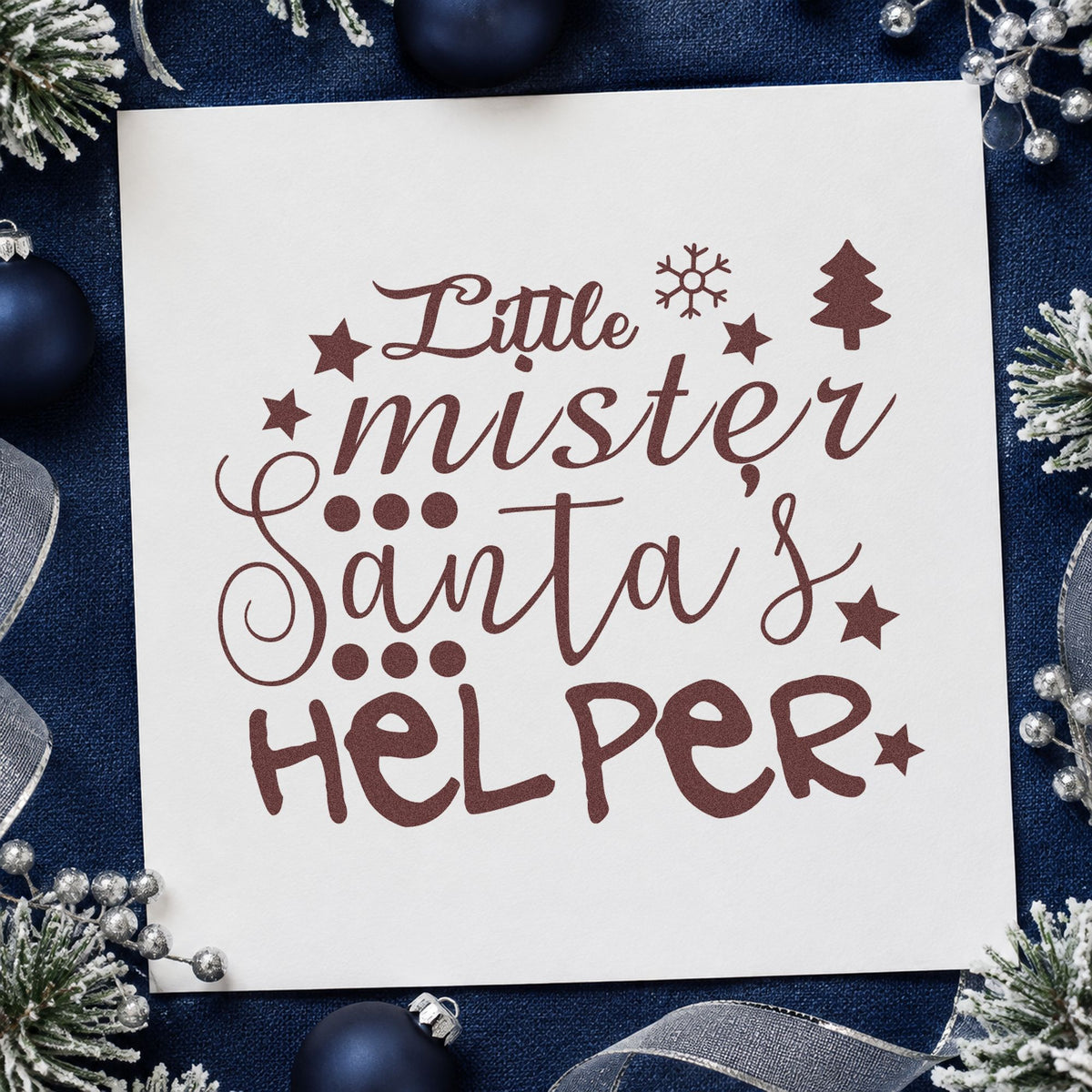 Little Mister Santa's Helper rubber stamp printed in brown ink, ready for job chart header and similar paper crafts.