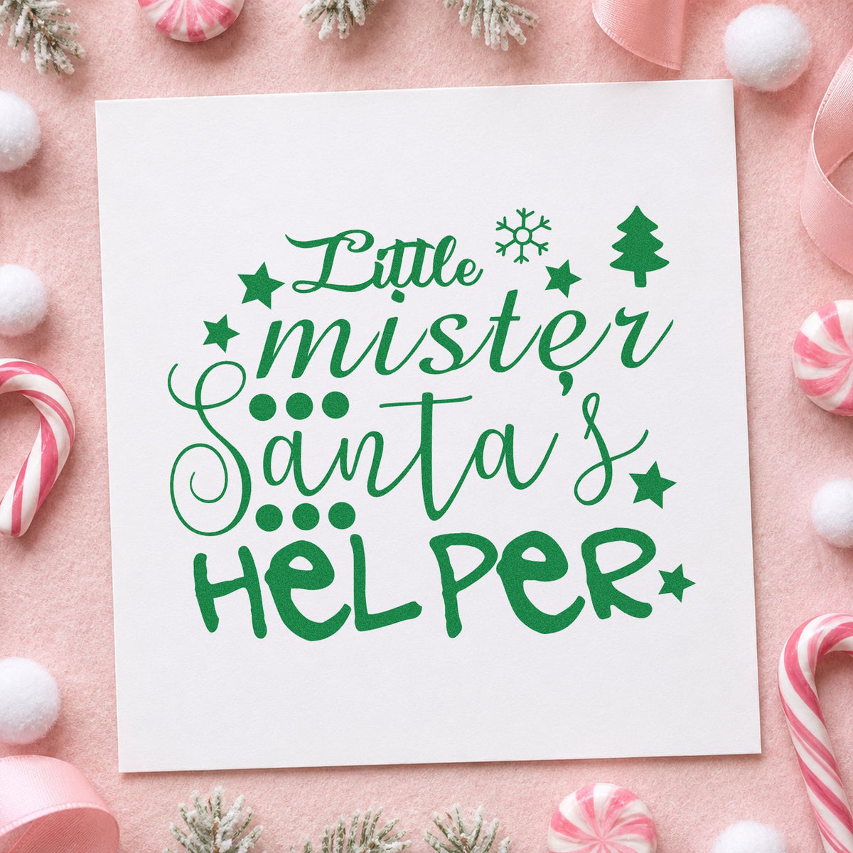 Little Mister Santa's Helper craft stamp imprinted in green ink on paper, a design suited to framed workbench wall.