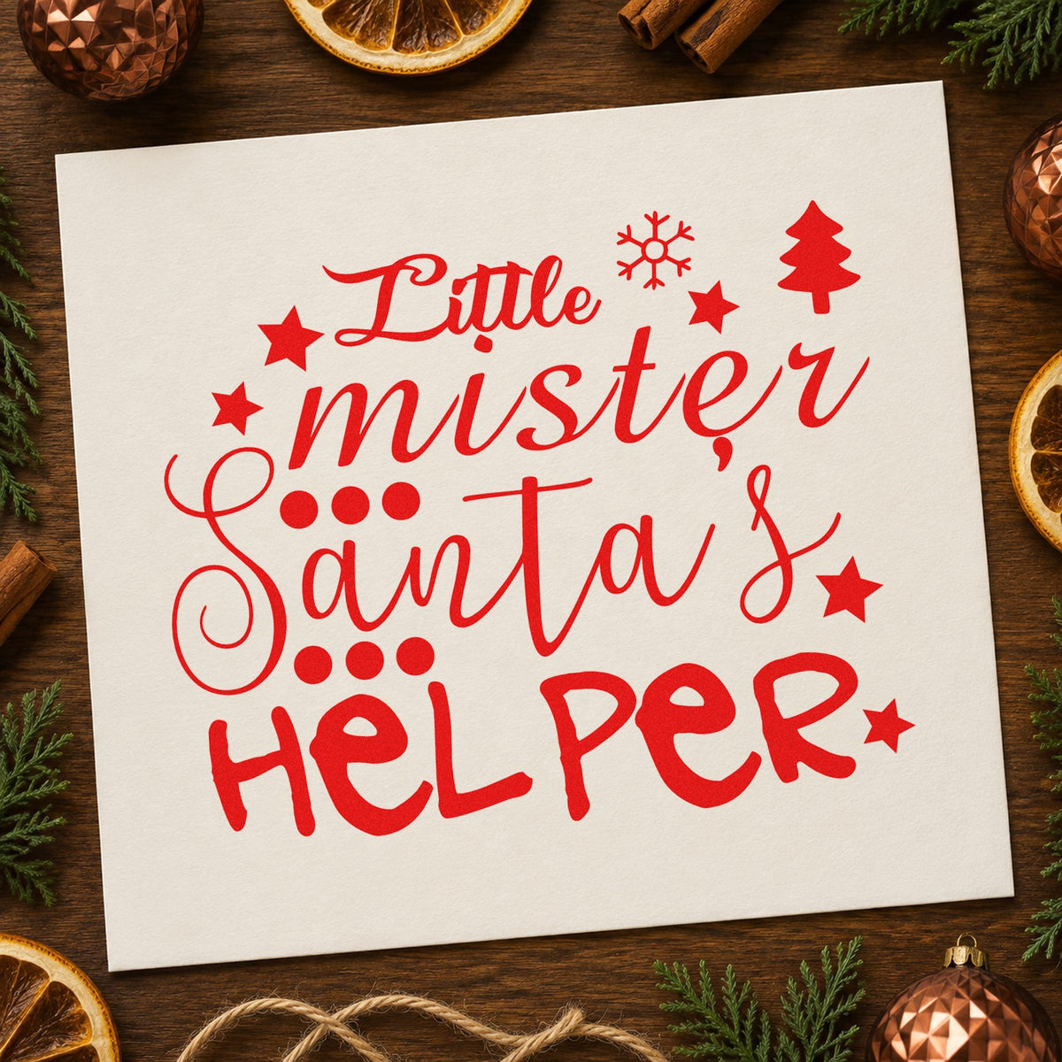 Little Mister Santa's Helper rubber stamp shown in red ink, stamped for projects such as bolt jar labels.