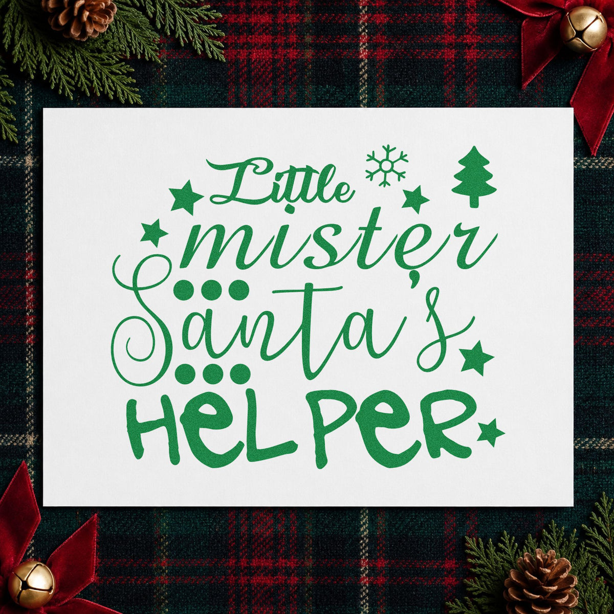 Little Mister Santa's Helper craft stamp imprint in green ink on a handmade project, one idea being crew badge cards.