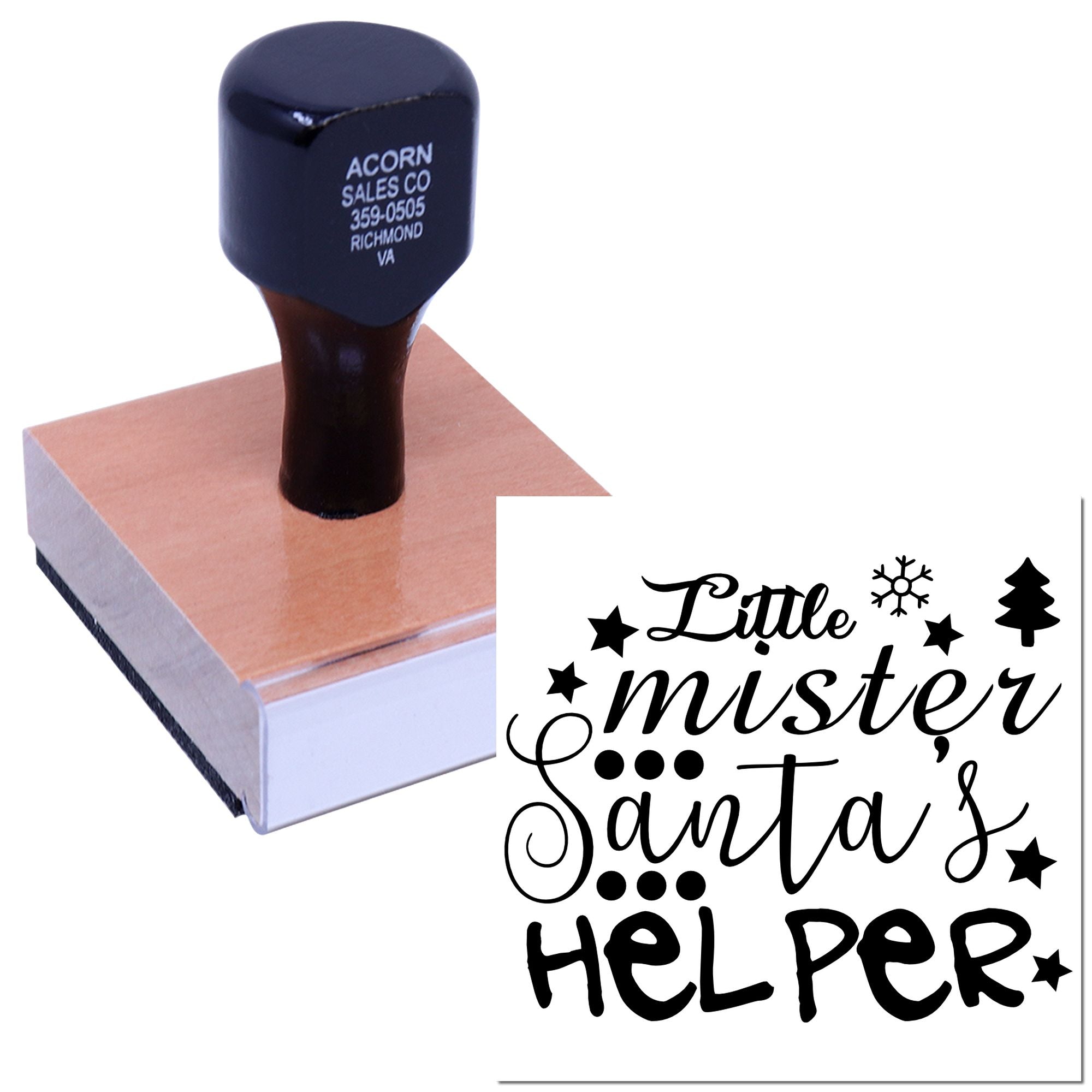 Custom holiday rubber stamp reading Little Mister, Santas Helper for baby Christmas cards, tags, and festive gift packaging.