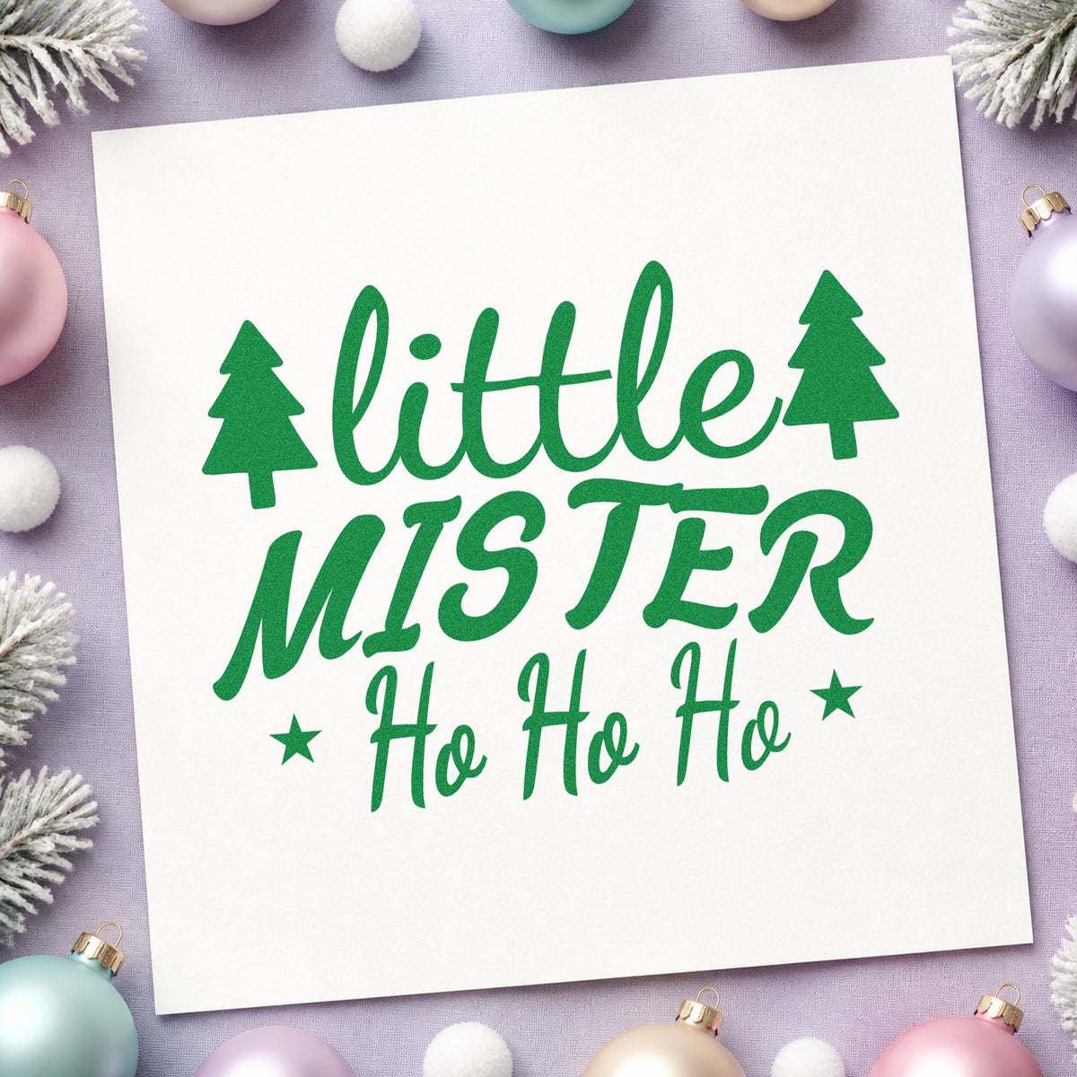 Little Mister Ho Ho Ho craft stamp imprint in green ink on a handmade project, one idea being camp kit gift tags.