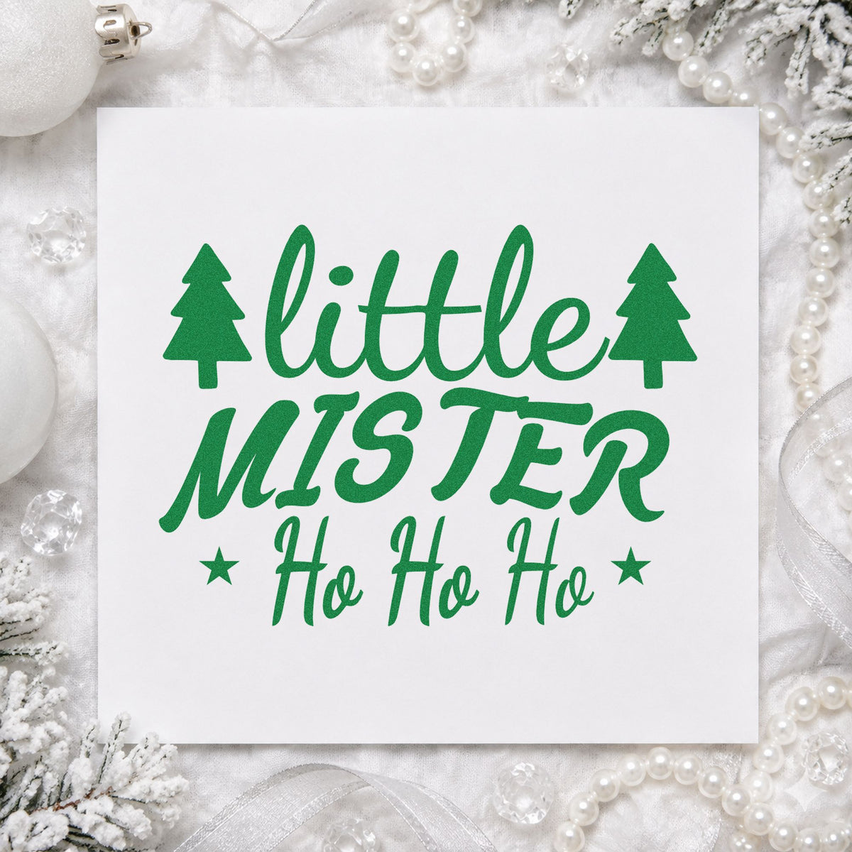 Little Mister Ho Ho Ho craft stamp imprinted in green ink on paper, a design suited to framed bunk wall.