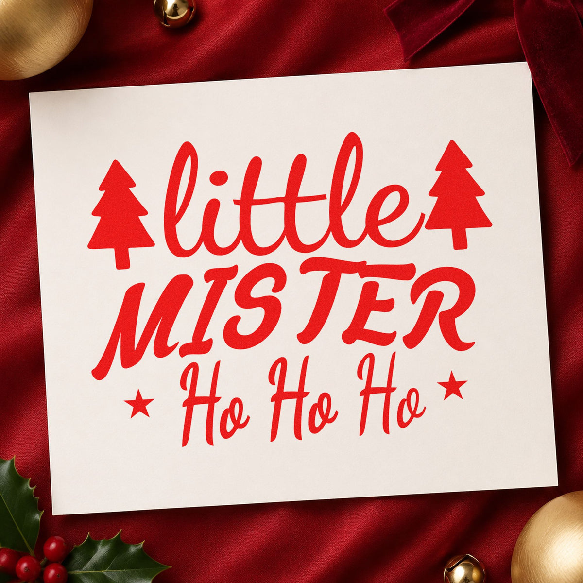 Little Mister Ho Ho Ho rubber stamp shown in red ink, stamped for projects such as gear tub labels.
