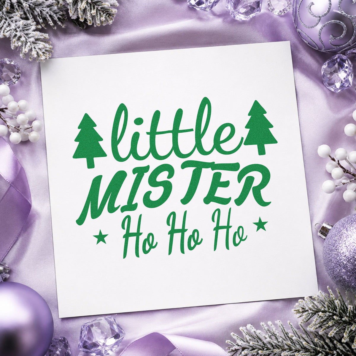 Little Mister Ho Ho Ho craft stamp imprint in green ink on a handmade project, one idea being trail day placards.