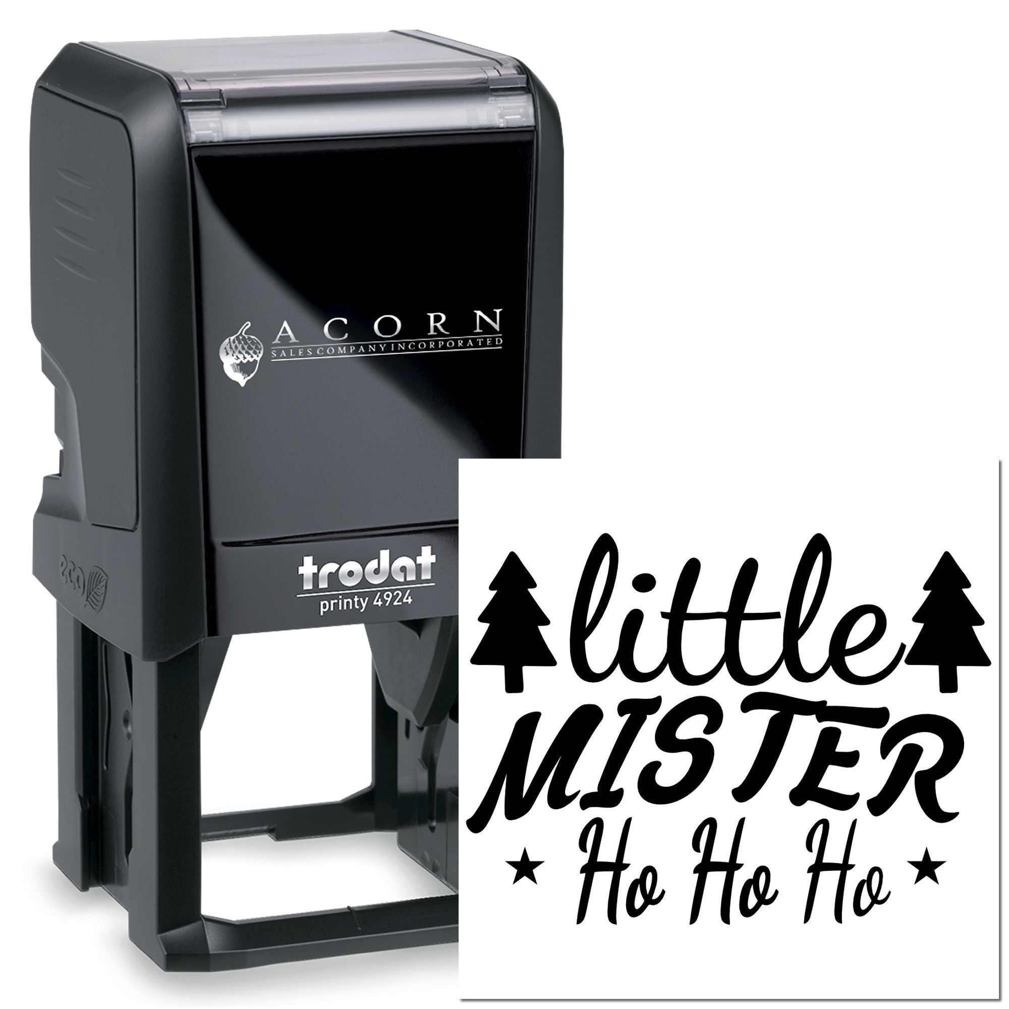Trodat Printy 4924 custom self-inking rubber stamp with Little Mister Ho Ho Ho holiday design and pine trees