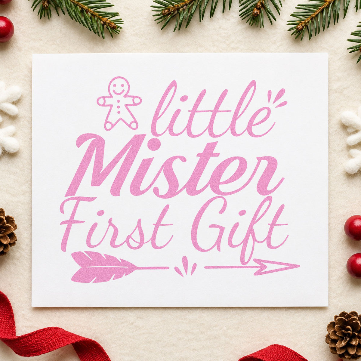 Little Mister First Gift craft stamp in purple ink on cardstock, an easy option for opening album page.