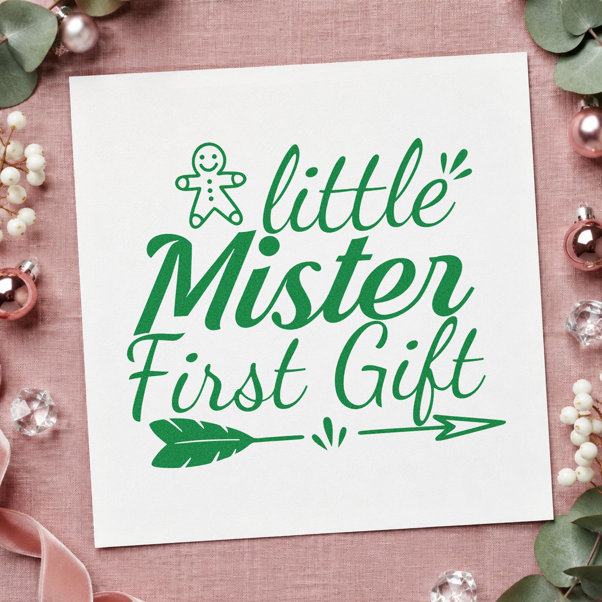 Little Mister First Gift craft stamp imprint in green ink on a handmade project, one idea being first gift tags.