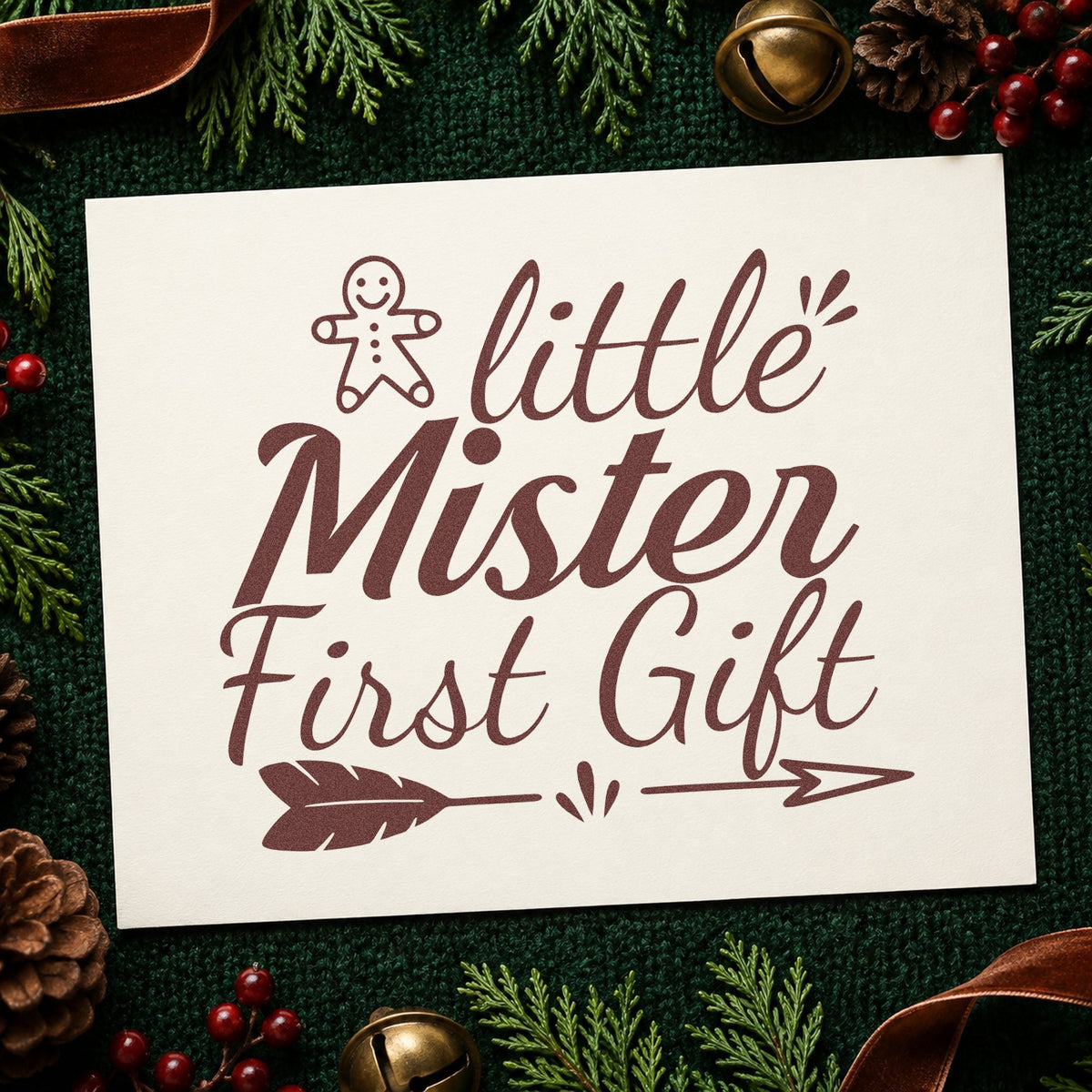 Little Mister First Gift rubber stamp printed in brown ink, ready for milestone chart sheet and similar paper crafts.