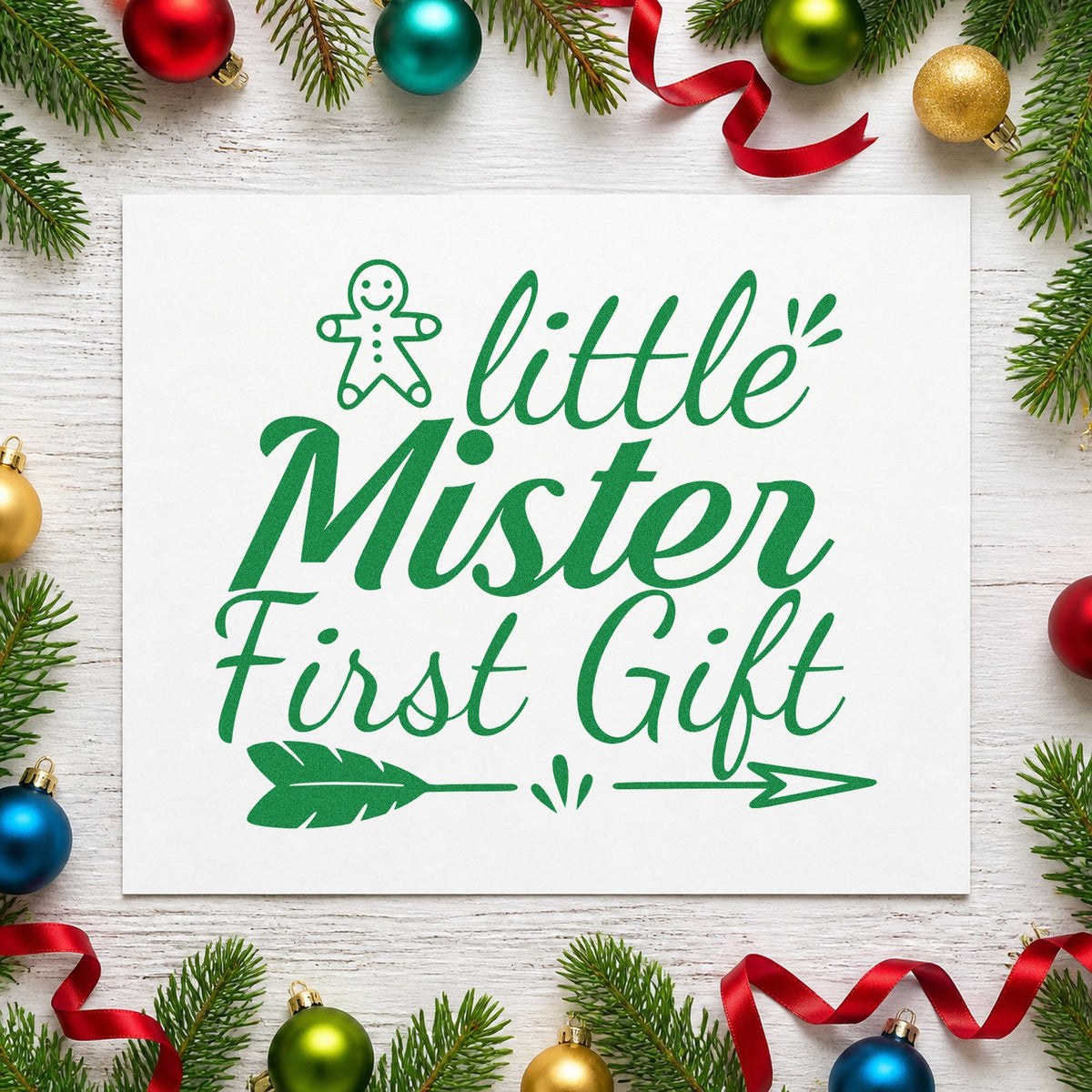 Little Mister First Gift craft stamp imprinted in green ink on paper, a design suited to framed play mat wall.