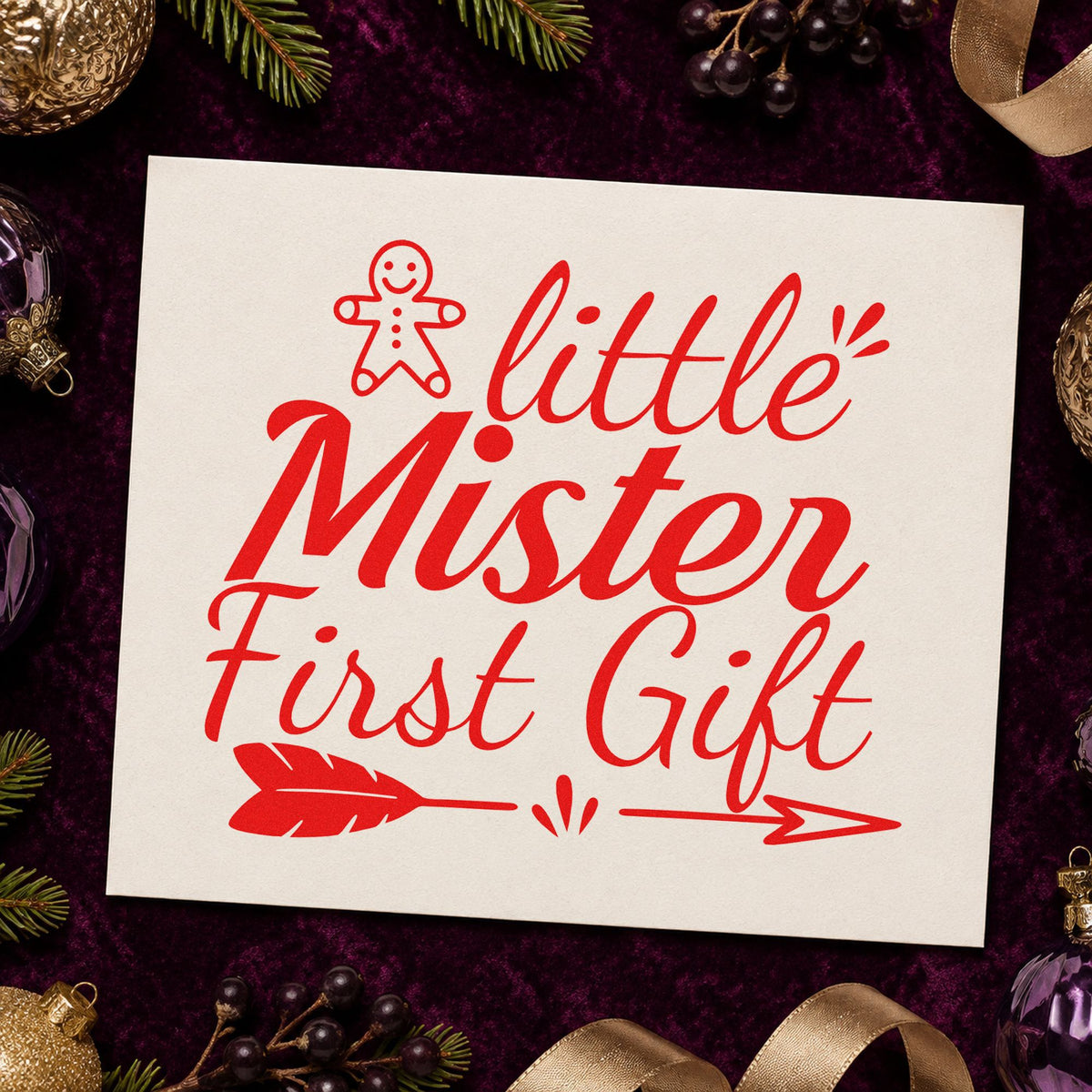 Little Mister First Gift rubber stamp shown in red ink, stamped for projects such as wrap bin labels.