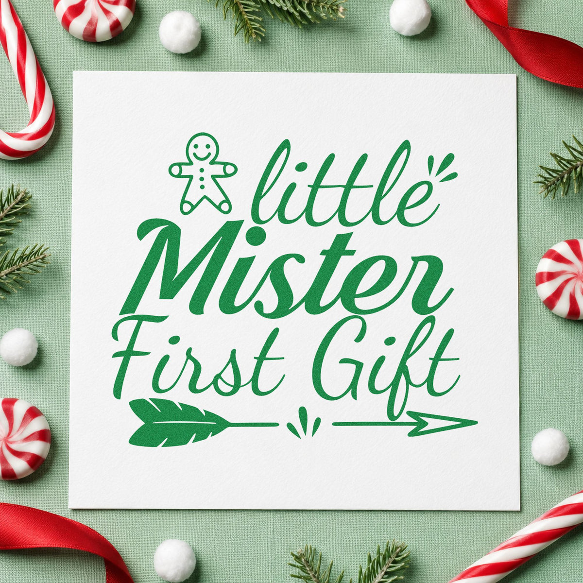 Little Mister First Gift craft stamp imprint in green ink on a handmade project, one idea being party favor cards.