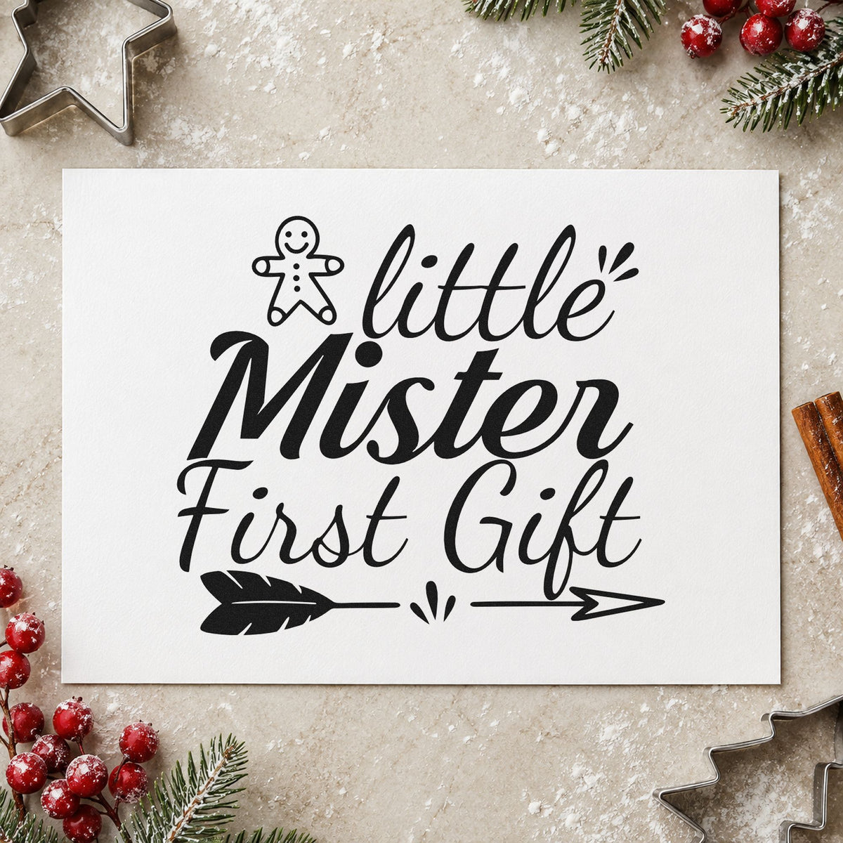 Little Mister First Gift rubber stamp printed in black ink, ready for arrow accent cards and similar paper crafts.