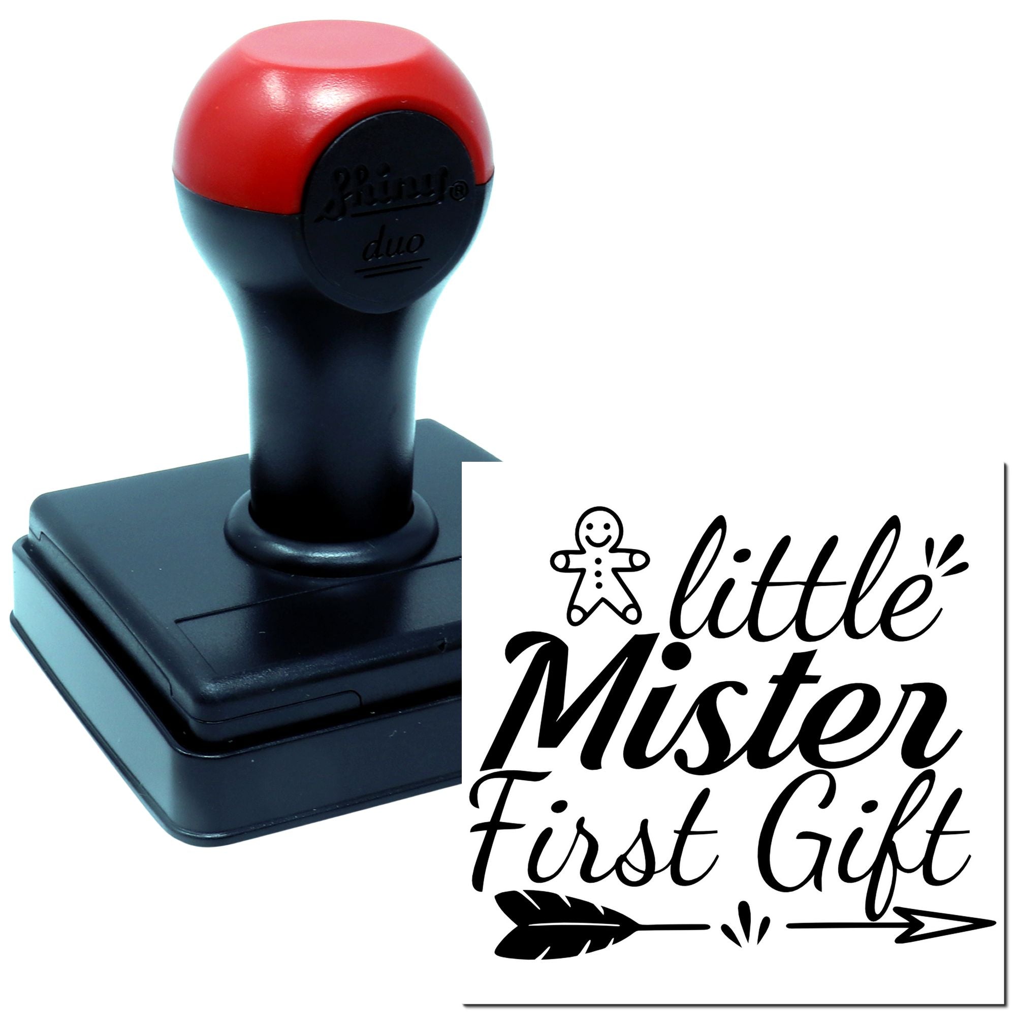 Self-inking rubber stamp with Little Mister First Gift design for baby gift wrapping and personalized crafts.