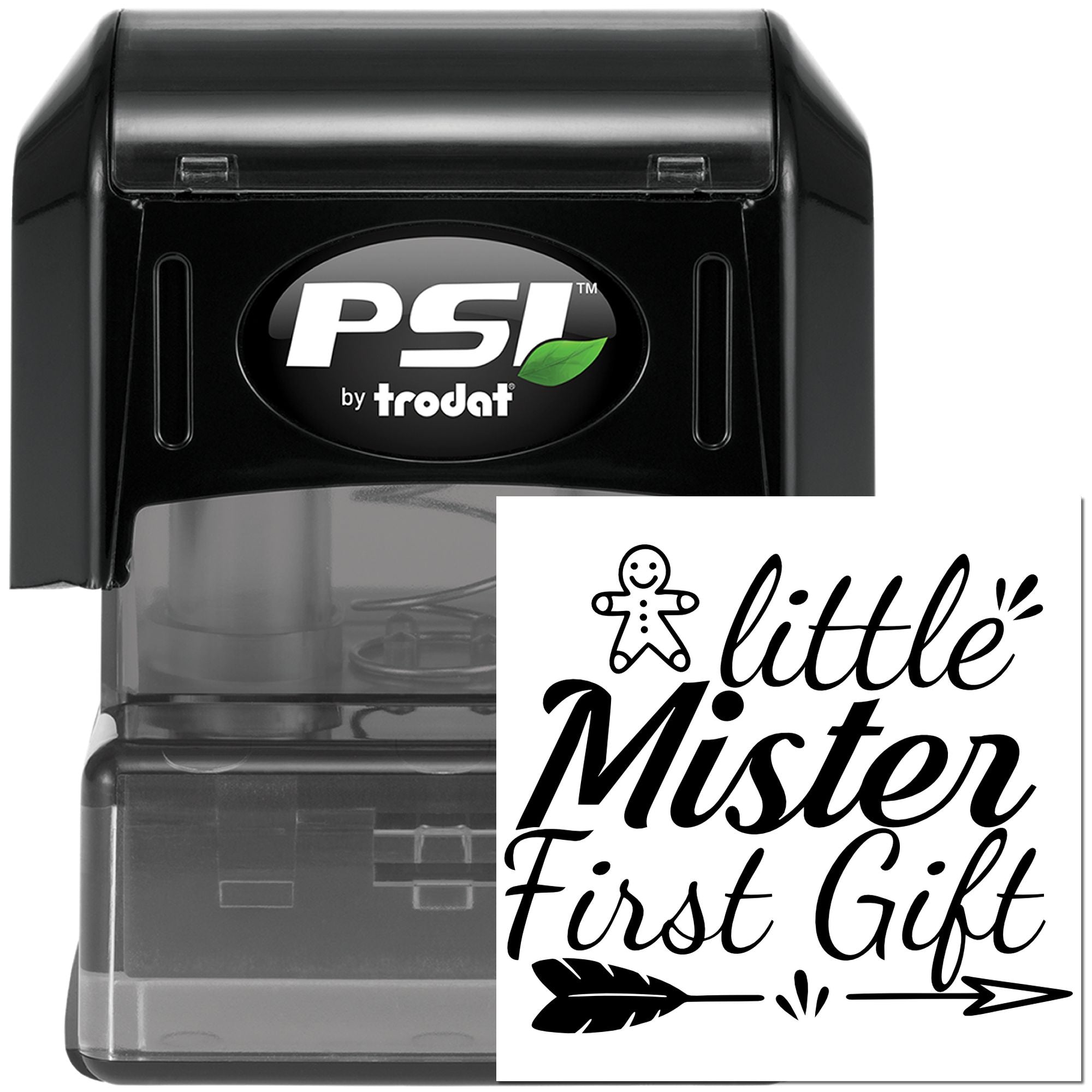 PSI by Trodat self-inking rubber stamp with Little Mister First Gift design for baby gift packaging.