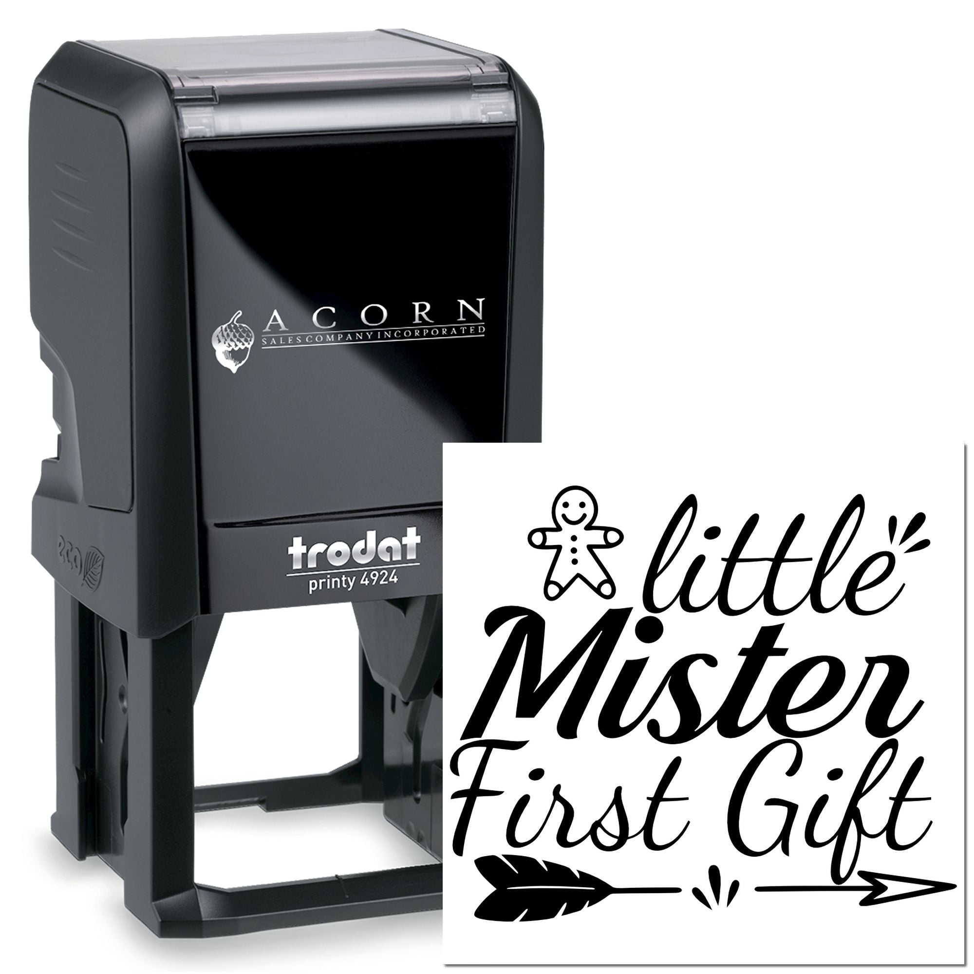Custom self-inking rubber stamp with Little Mister First Gift design, Trodat Printy 4924 for personalized baby gift packaging.