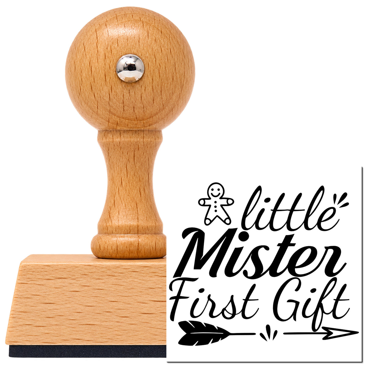 Little Mister First Gift Gingerbread Vintage Pro rubber stamp in European beech wood with a round knob handle, shown beside its black imprint.