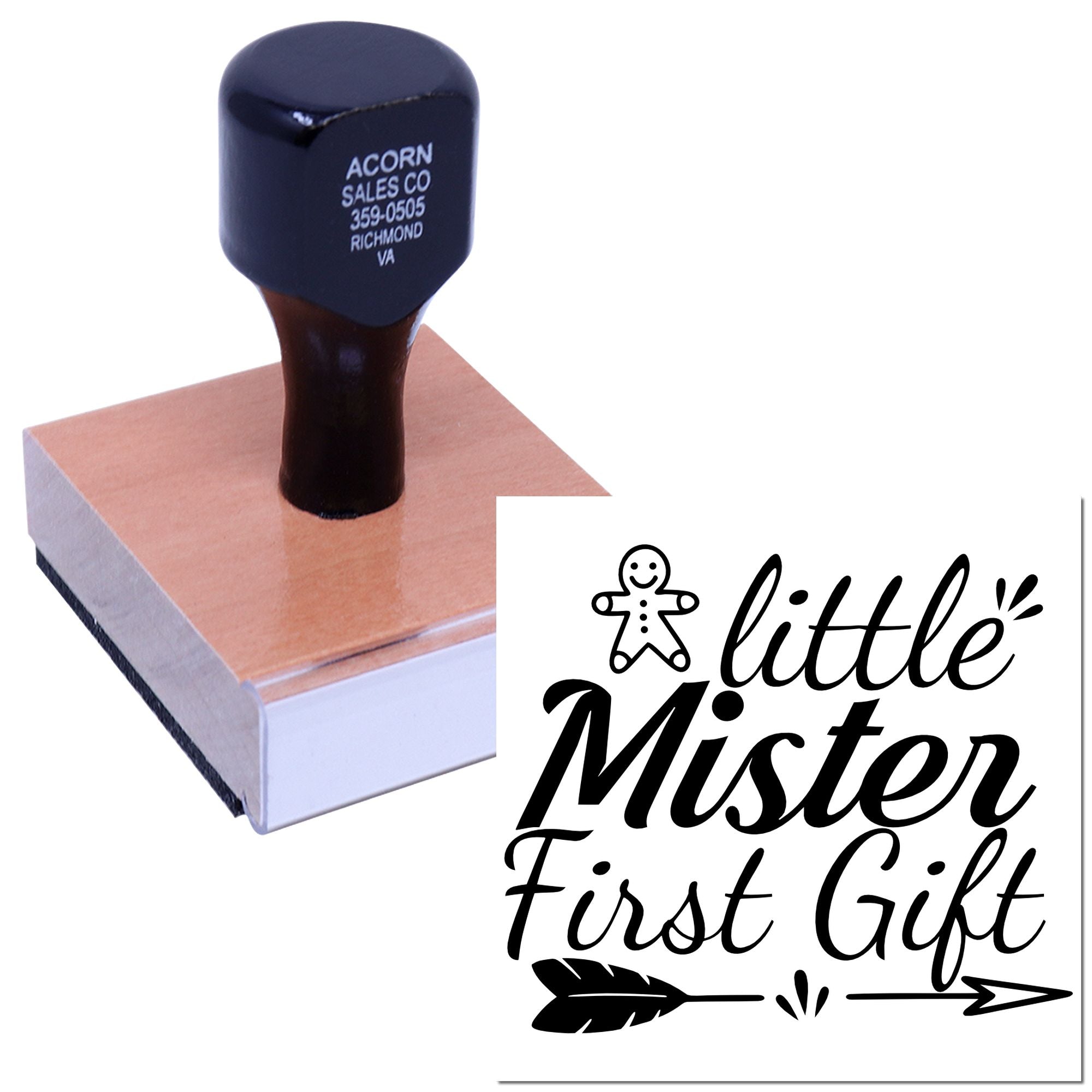 Wood-mounted rubber stamp featuring Little Mister First Gift design for baby shower and newborn gift wrapping.