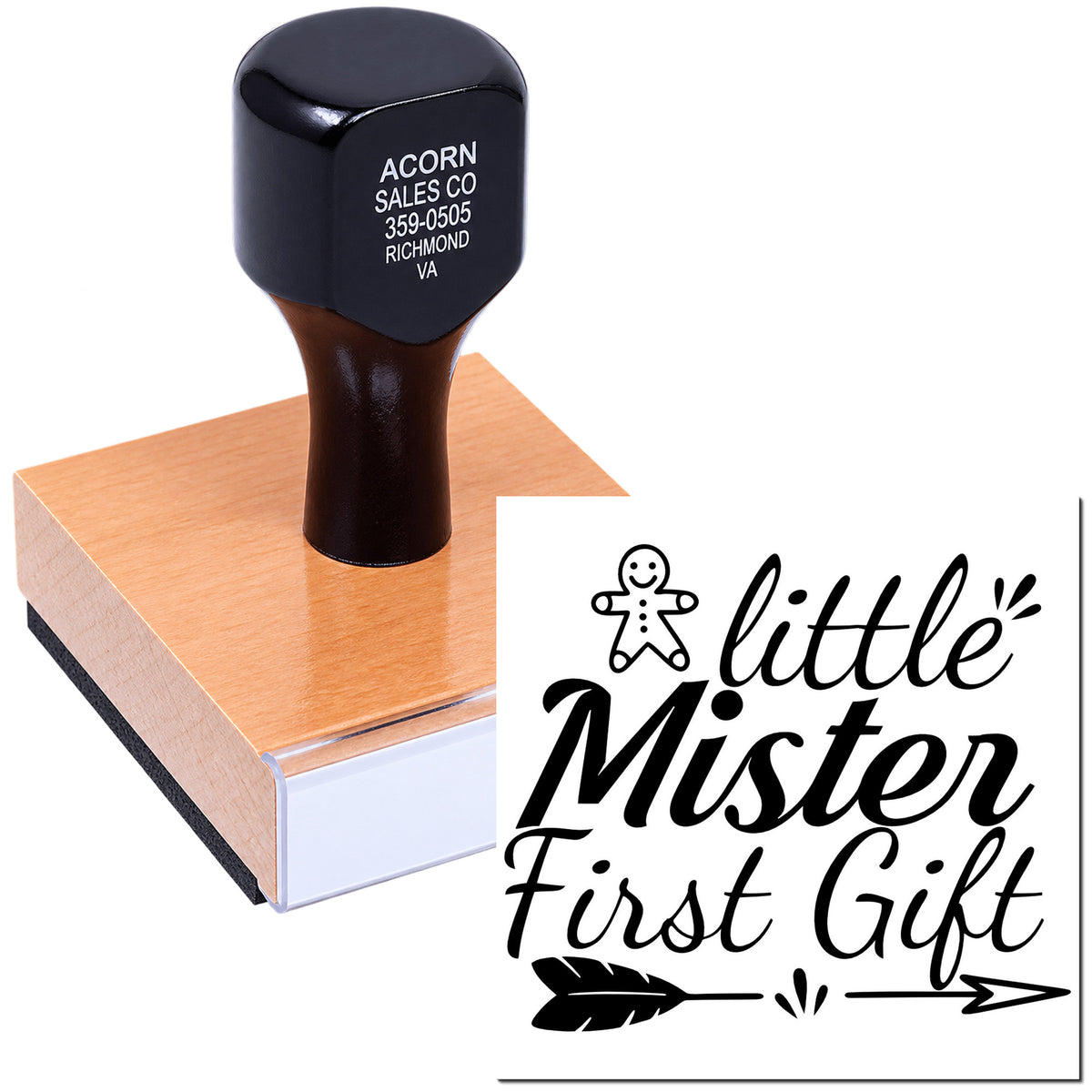 Wood-mounted rubber stamp featuring Little Mister First Gift design for baby shower and newborn gift wrapping.