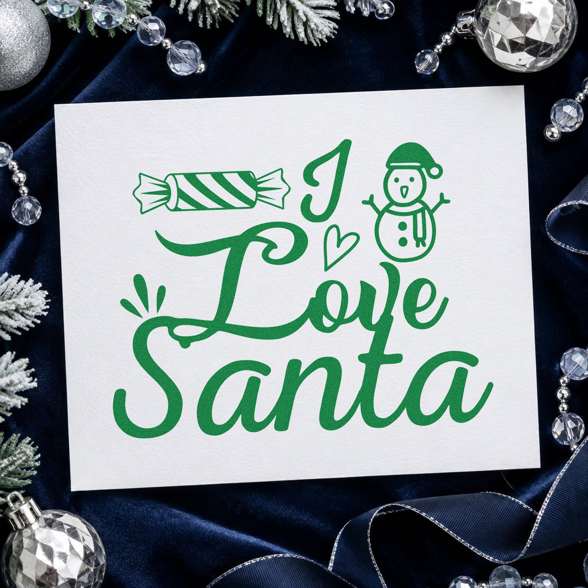 I Love Santa Candy craft stamp imprinted in green ink on paper, a design suited to framed play room.