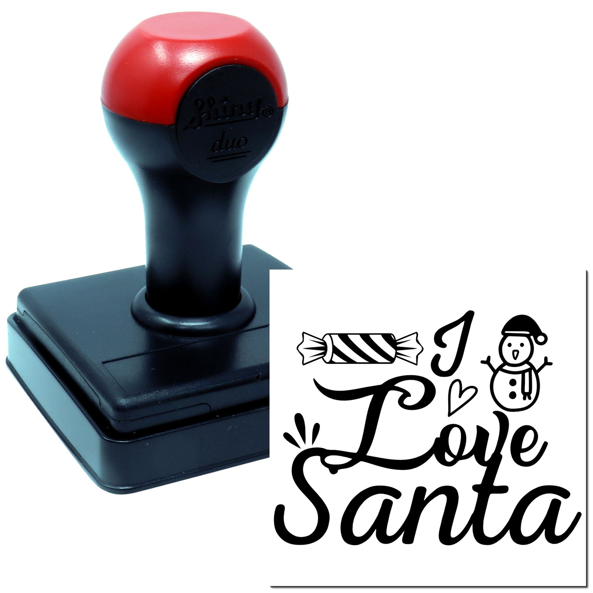 Custom self-inking rubber stamp with I Love Santa holiday design for Christmas cards, crafts, and gift tags.