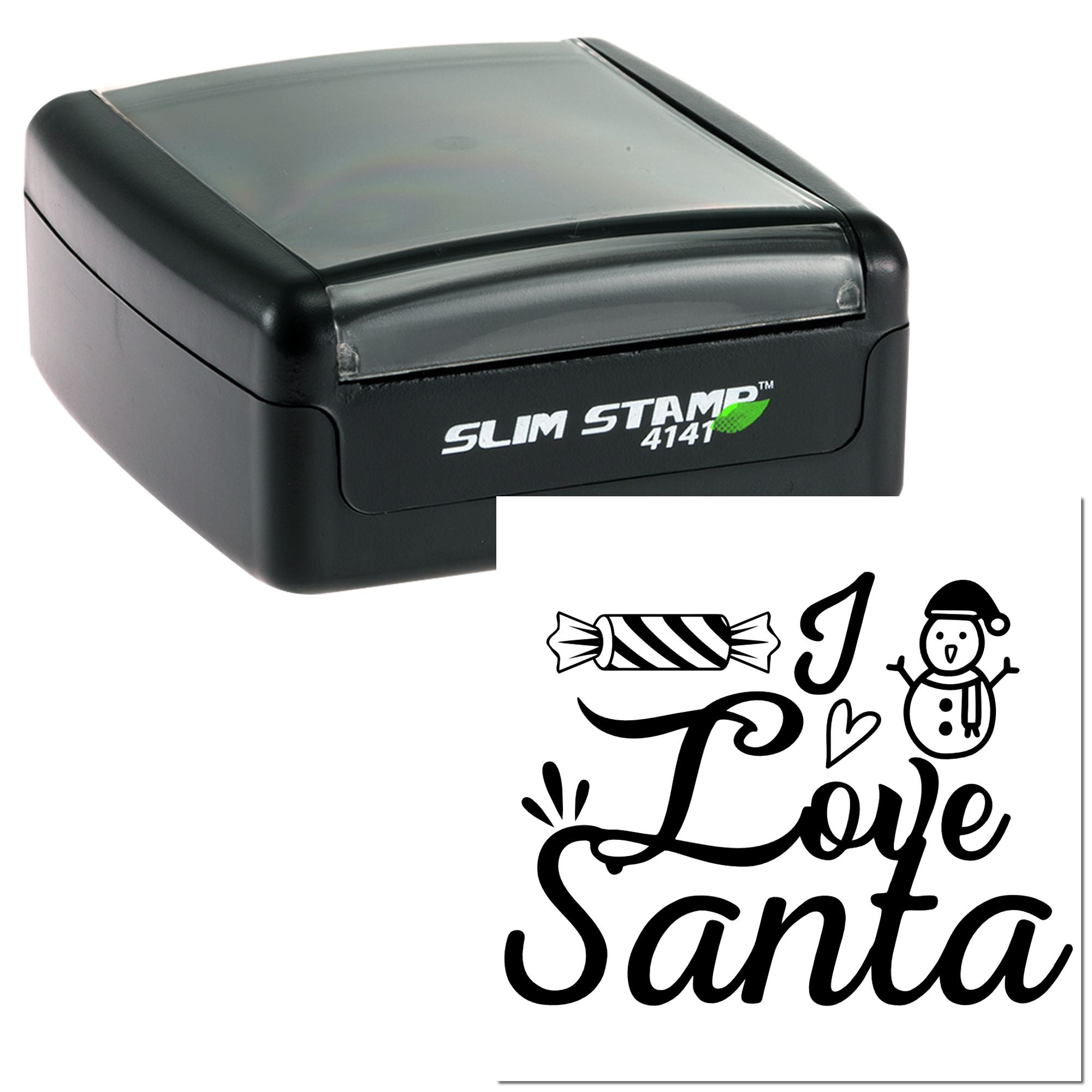 Custom self-inking rubber stamp with I Love Santa Christmas design for holiday cards and crafts.