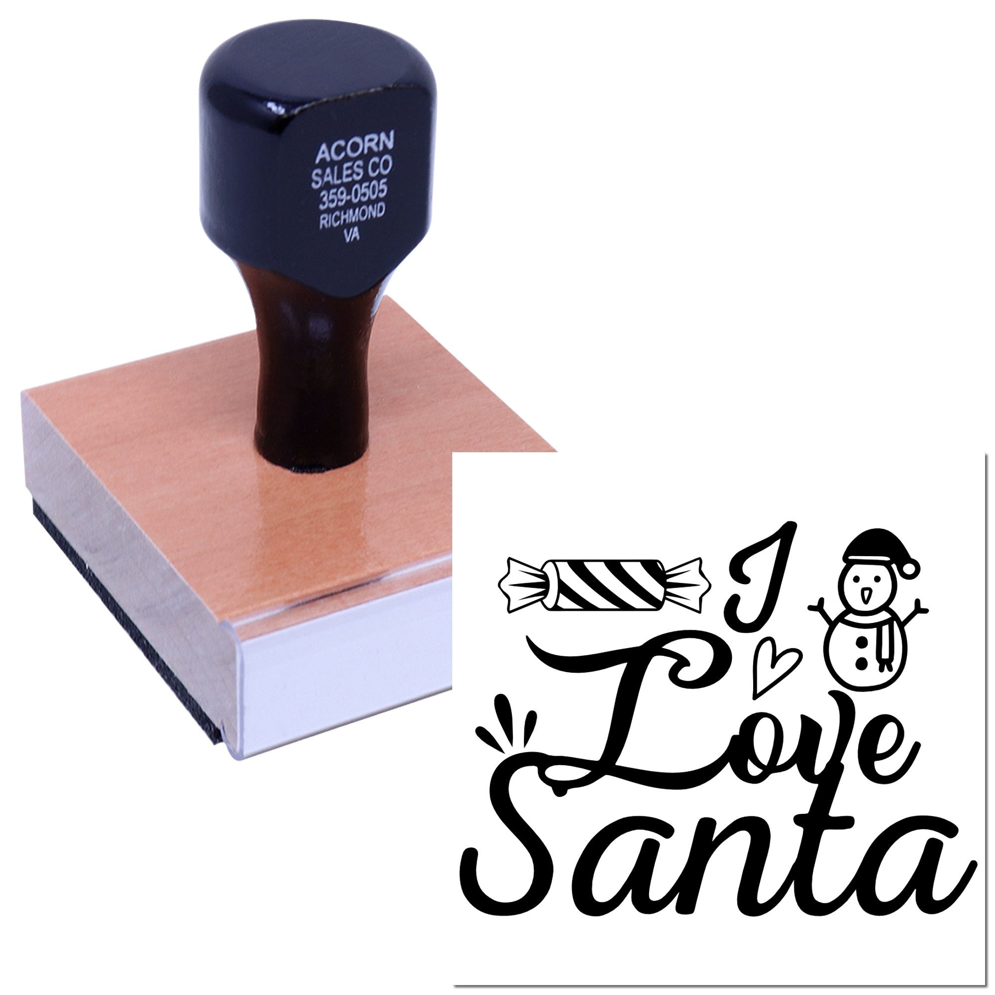 Custom rubber stamp showing business address and festive I Love Santa design for personalized holiday cards.