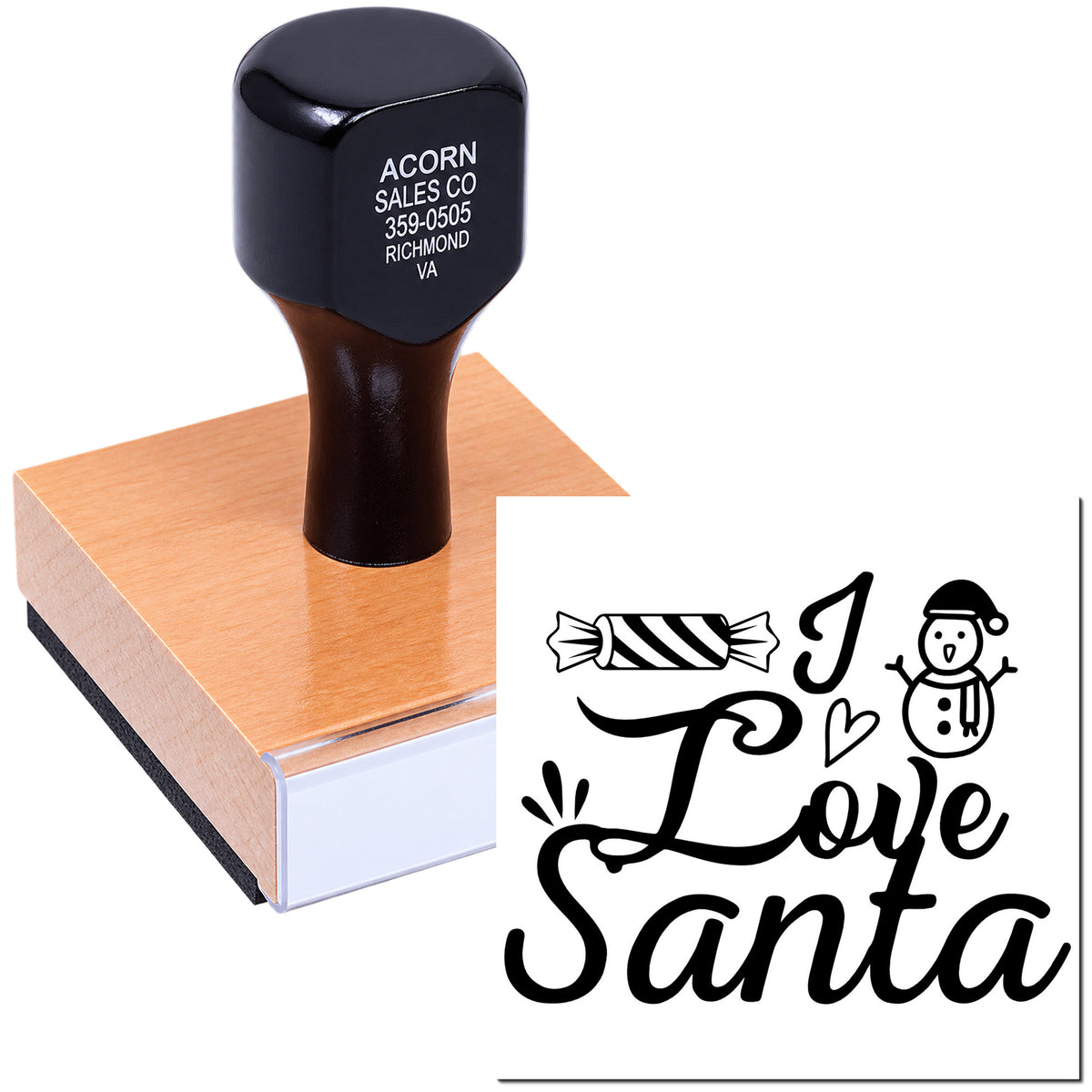 Custom rubber stamp showing business address and festive I Love Santa design for personalized holiday cards.