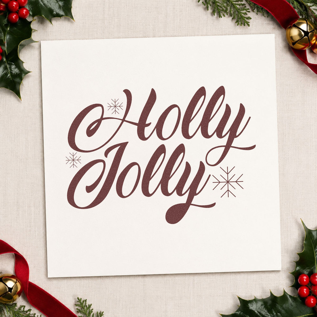 Holly Jolly Slanted Script rubber stamp printed in brown ink, ready for speed note sheet and similar paper crafts.