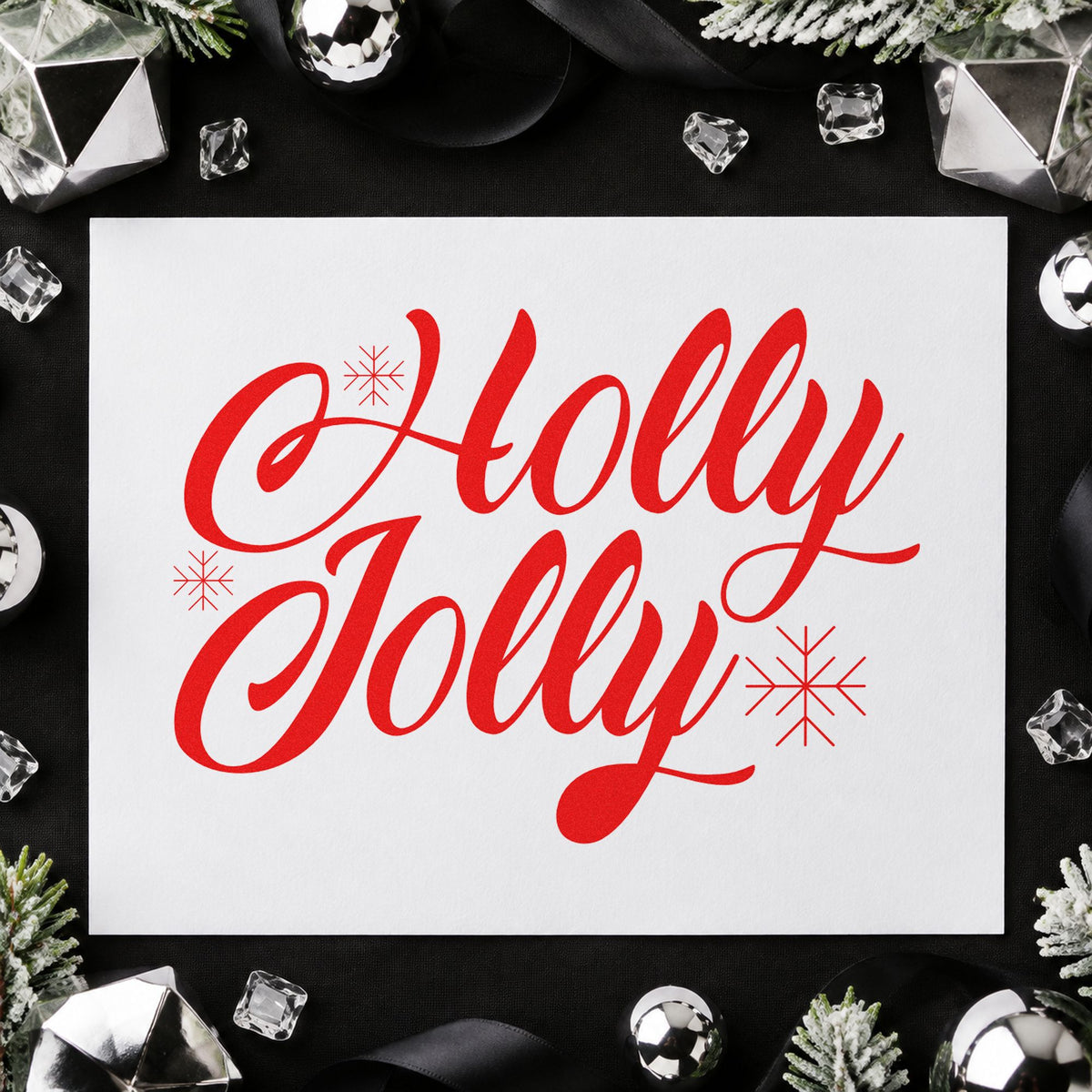 Holly Jolly Slanted Script craft stamp in red ink on cardstock, an easy option for sleeve slant printing.