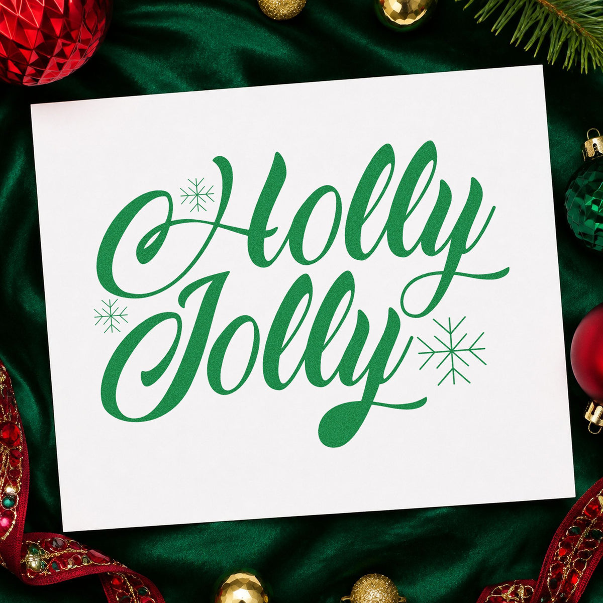 Holly Jolly Slanted Script craft stamp imprinted in green ink on paper, a design suited to framed tilted mat.