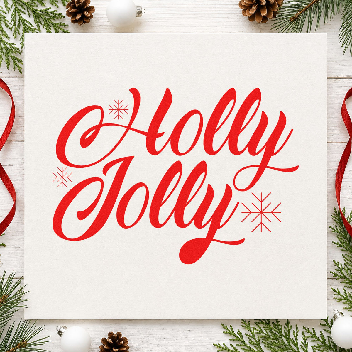 Holly Jolly Slanted Script rubber stamp shown in red ink, stamped for projects such as bin angle labels.