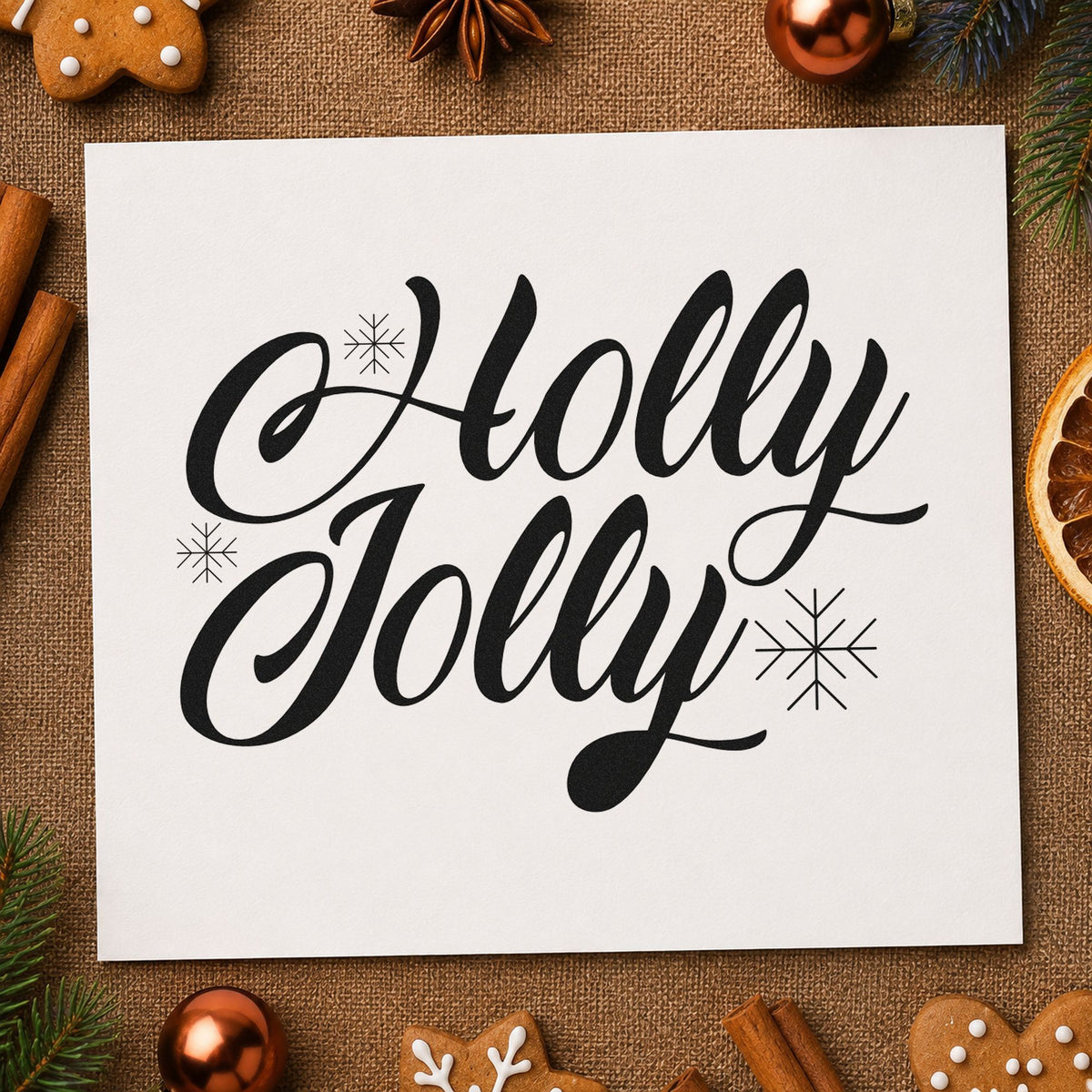 Holly Jolly Slanted Script rubber stamp printed in black ink, ready for slanted burst cards and similar paper crafts.
