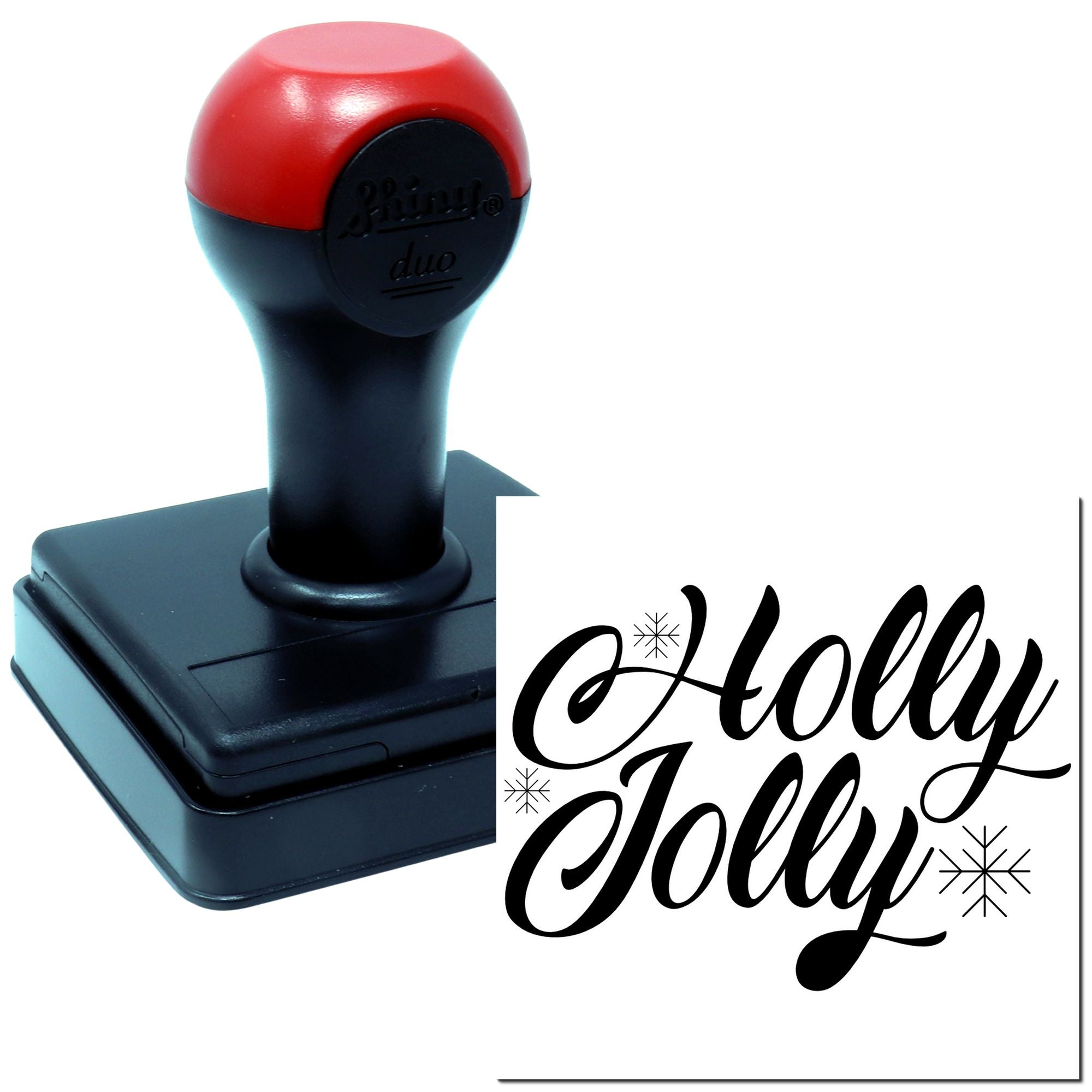 Custom self-inking rubber stamp with Holly Jolly design and snowflakes for festive holiday crafting.
