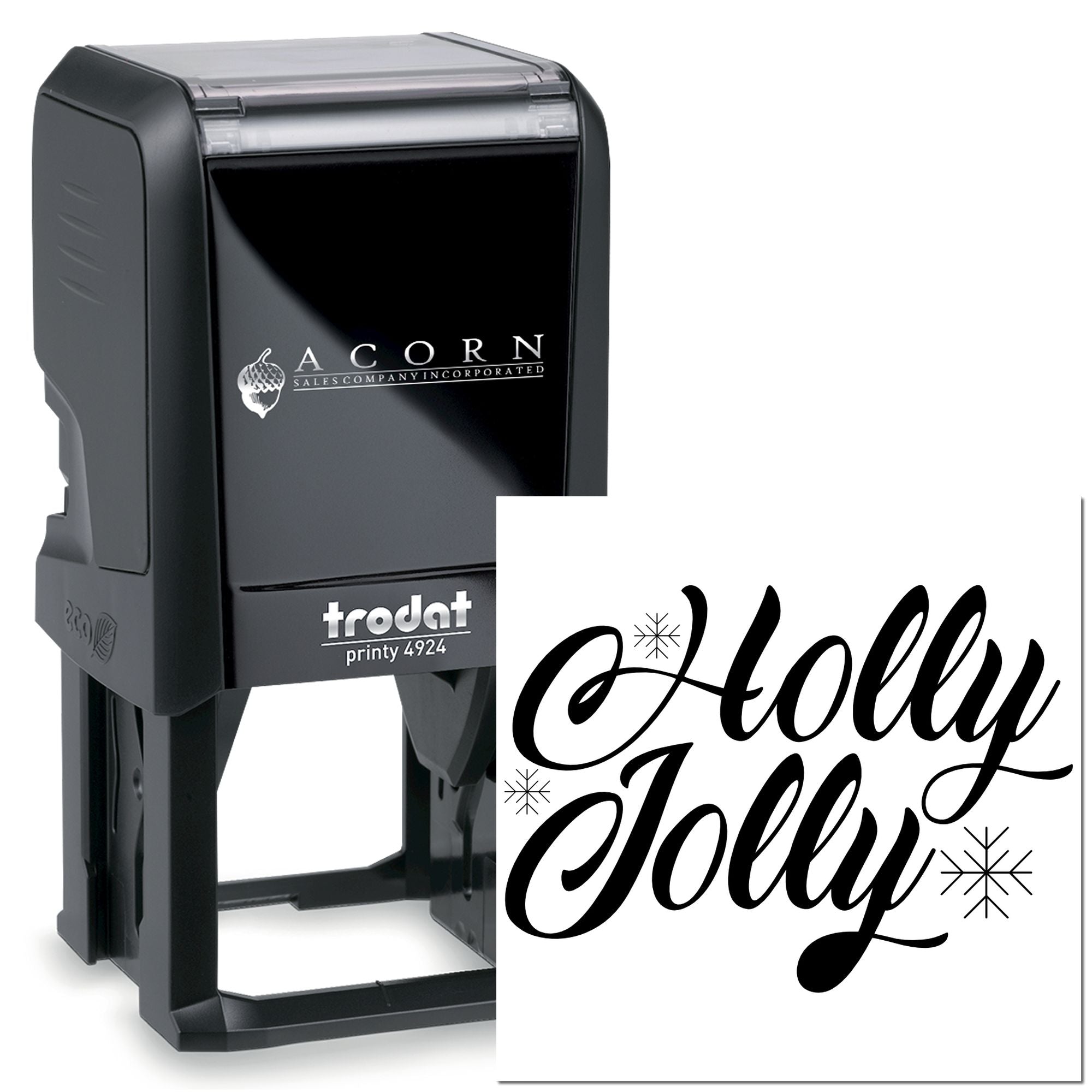 Self-inking rubber stamp with custom Holly Jolly design for festive holiday cards, labels, and packaging.