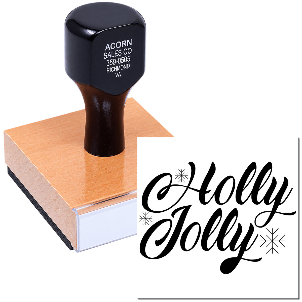 Custom rubber stamp with Holly Jolly holiday design for festive cards, crafts, and seasonal packaging.