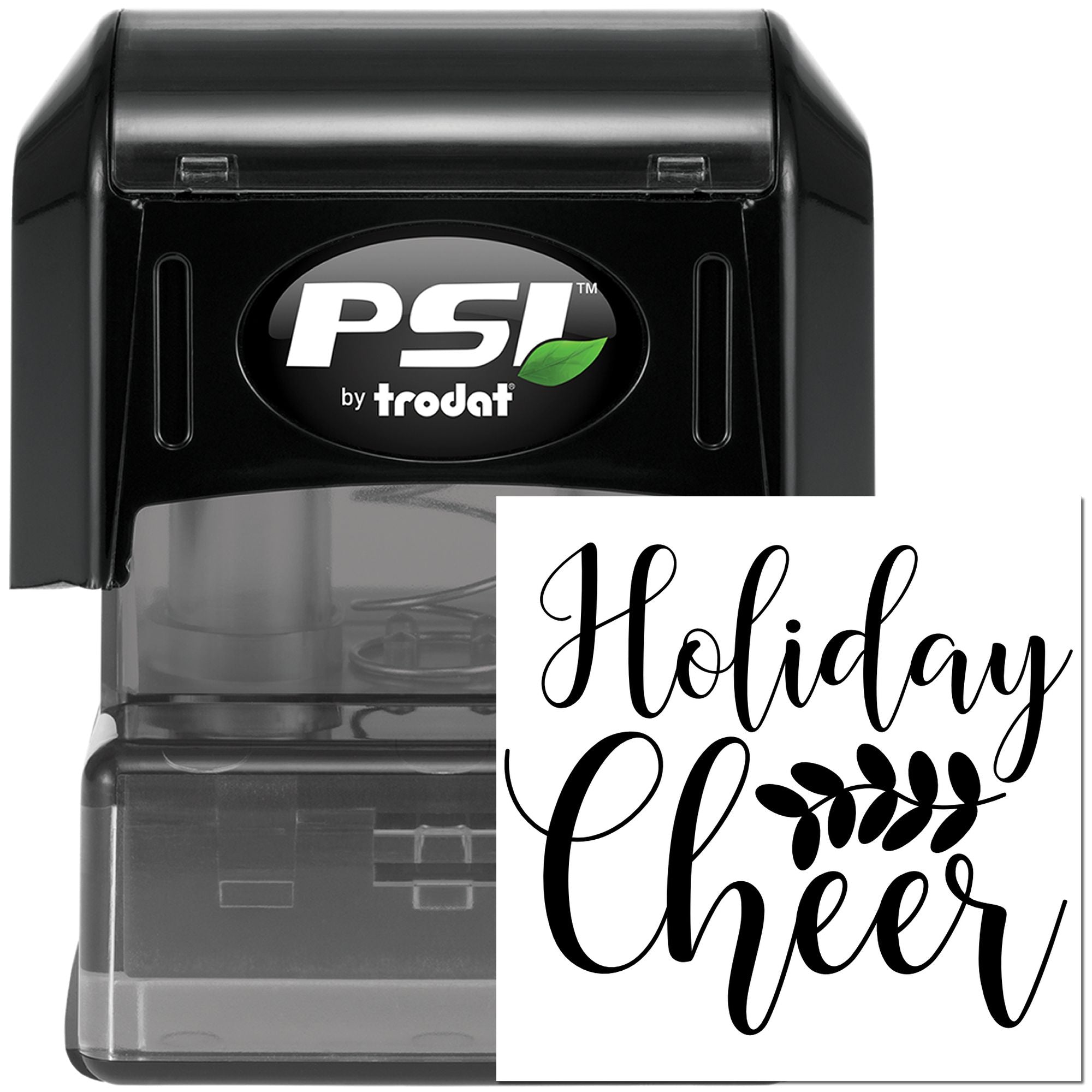 PSI by Trodat self-inking rubber stamp with Holiday Cheer design for festive cards, labels, and packaging.