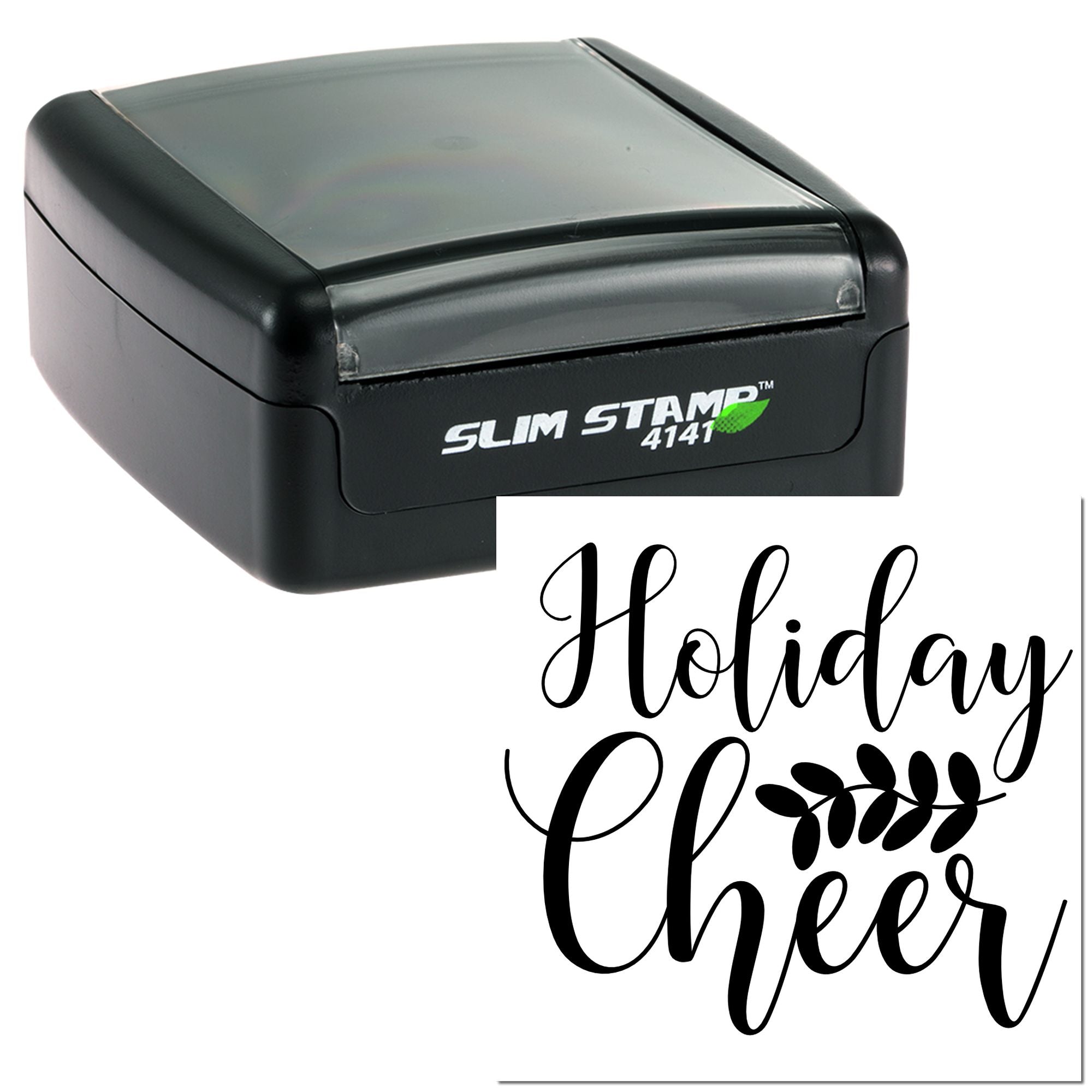 Slim Stamp 4141 self-inking rubber stamp with Holiday Cheer design for custom holiday cards, gifts, and packaging.