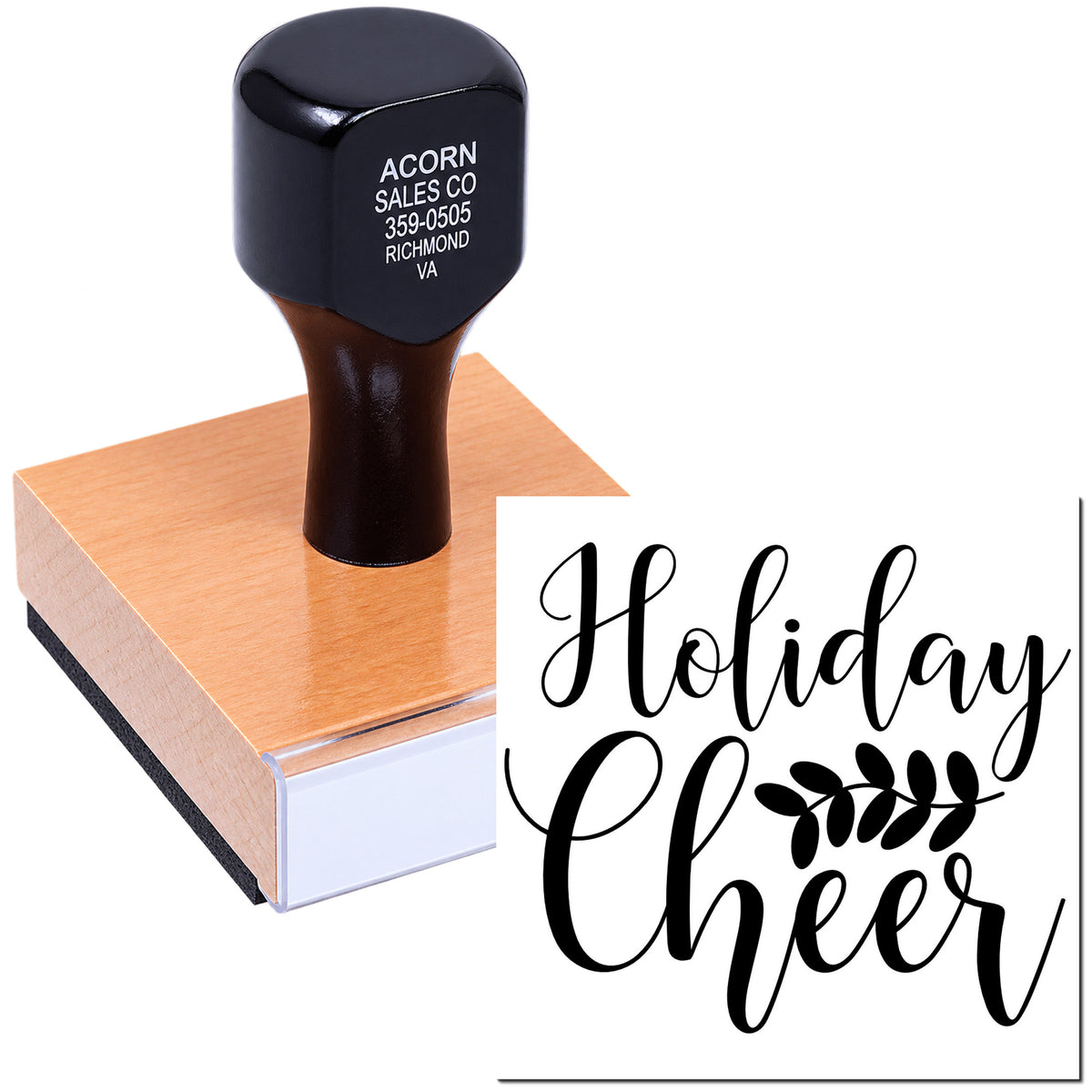 Custom Holiday Cheer rubber stamp with script lettering and leaf design on a wooden mount for festive card making.