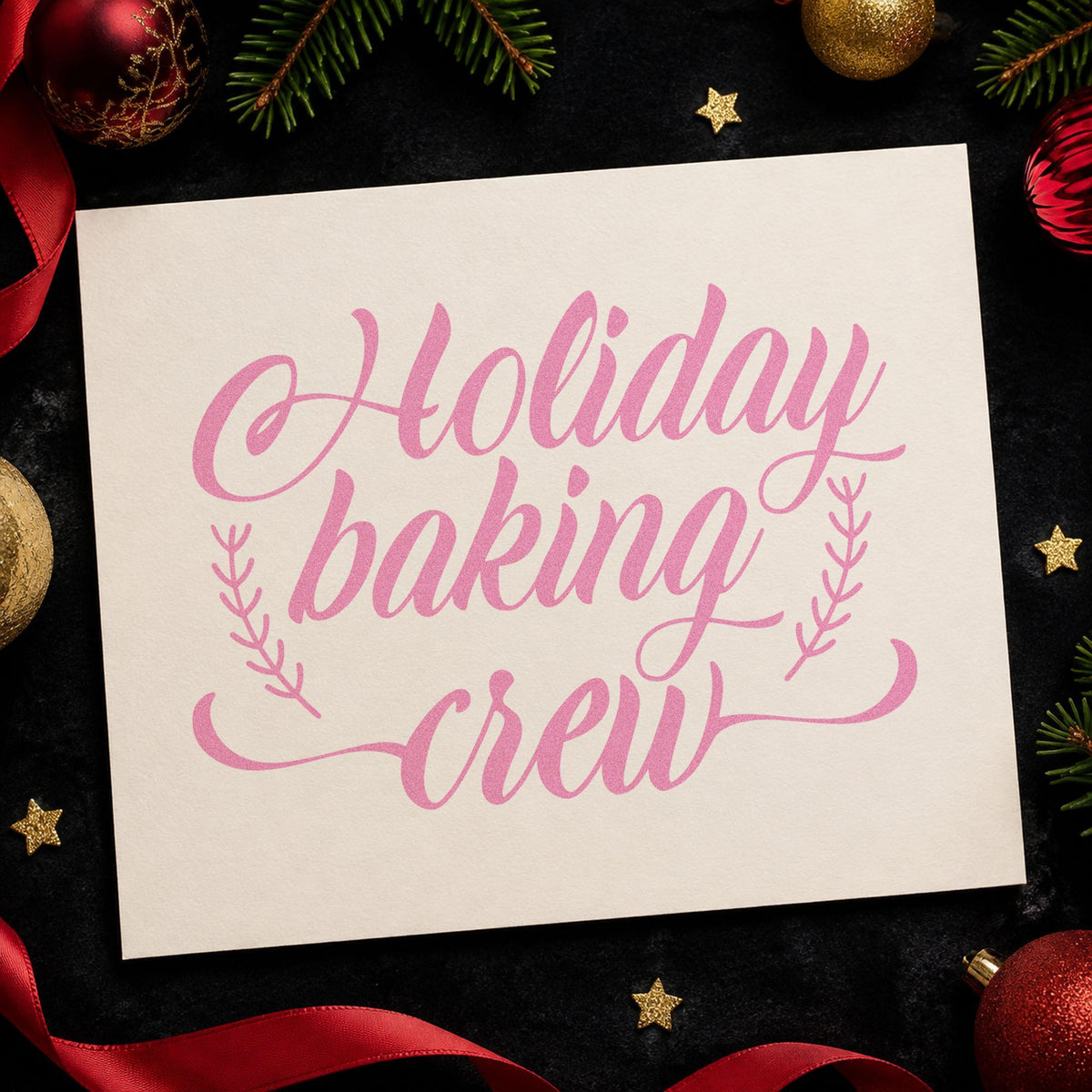 Holiday Baking Crew Sprigs craft stamp in purple ink on cardstock, an easy option for order book album.